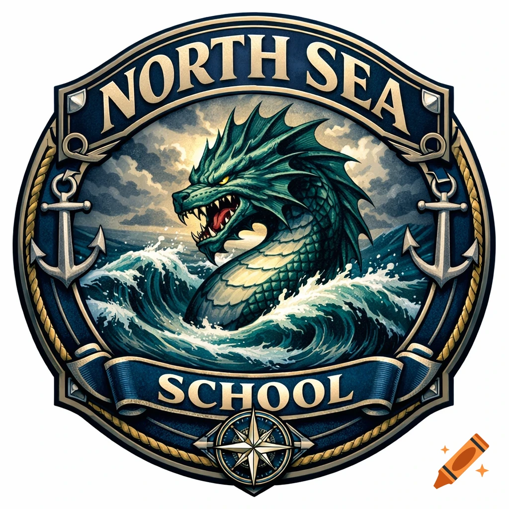 Stylized badge featuring a green sea dragon emerging from stormy waves, with anchors, a compass rose, and the text 'NORTH SEA SCHOOL'.