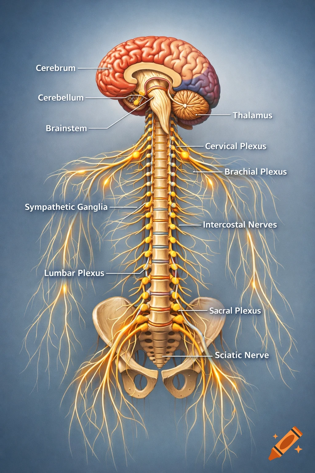 Diagram of the human nervous system showing the brain, spinal cord, and peripheral nerves with anatomical labels.