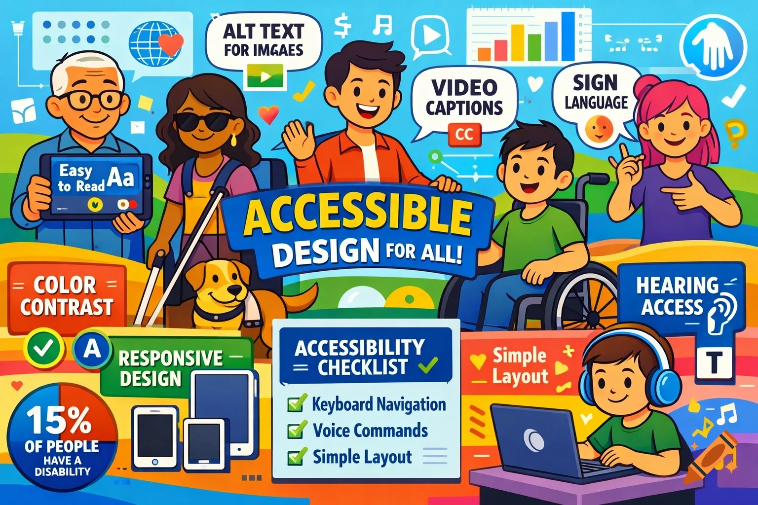 A colorful cartoon infographic shows diverse characters with disabilities and various accessibility features like sign language, captions, alt text, and responsive design.