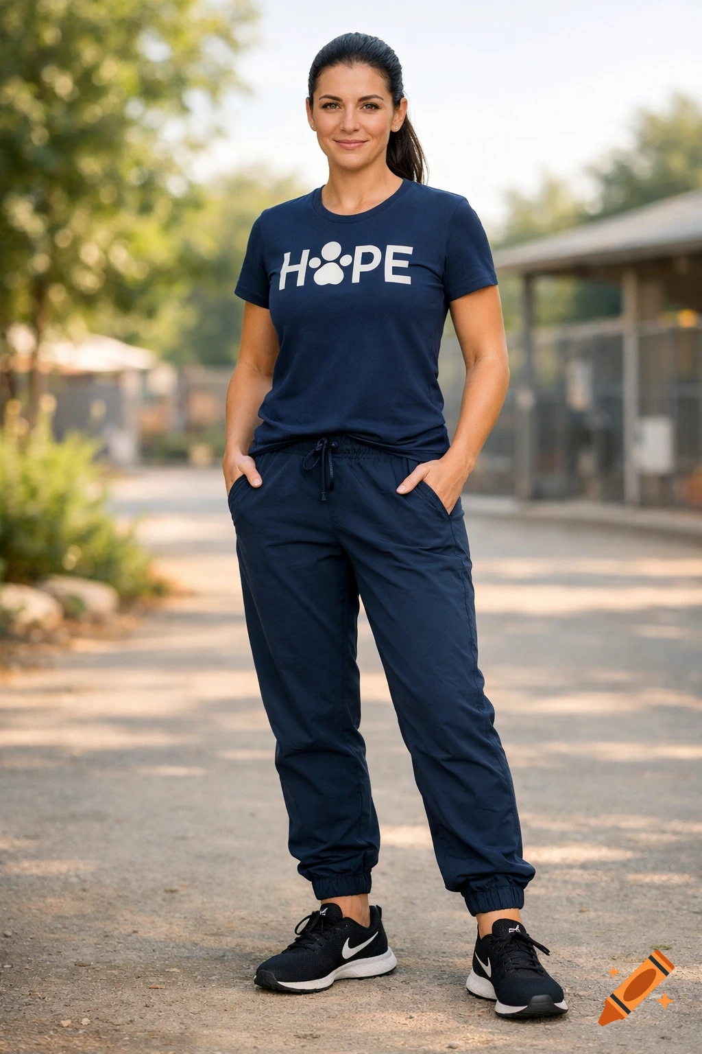A confident woman in a dark blue 'HOPE' t-shirt with a paw print, jogger pants, and black sneakers, standing outdoors in a photorealistic style.