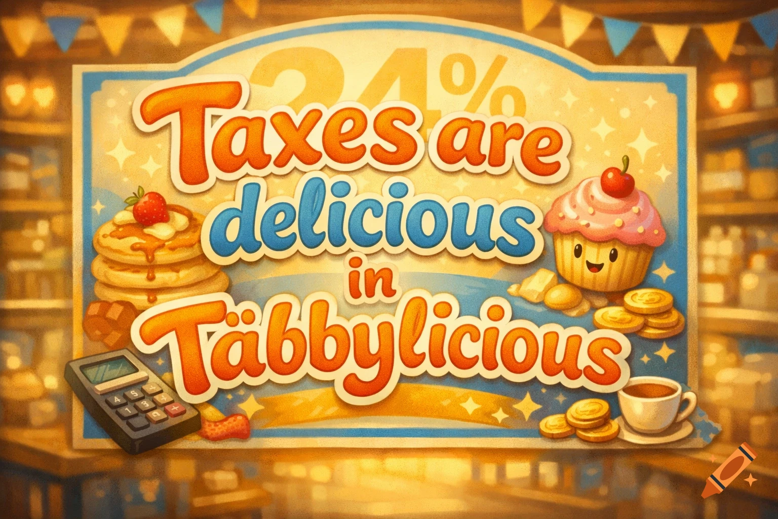 A cartoon sign displays "24% Taxes are delicious in Täbbylicious" with pancakes, a cupcake, coins, a calculator, and a coffee.