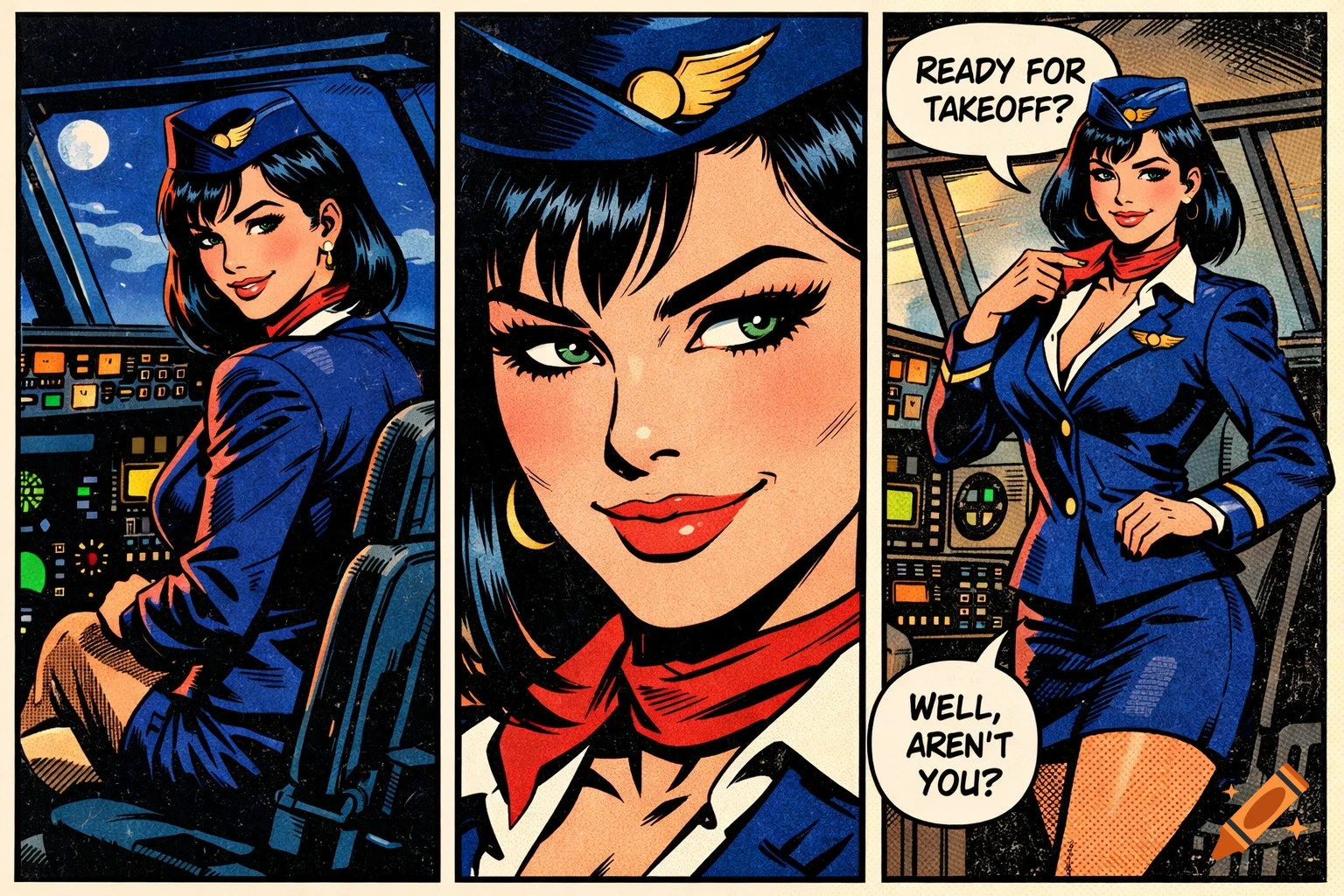A three-panel 80s comic style illustration of a female flight attendant in a cockpit, with speech bubbles asking 'READY FOR TAKEOFF?'