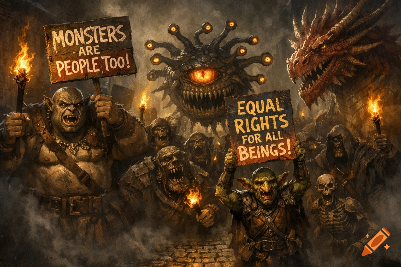 A dark fantasy illustration of D&D monsters including orcs, goblins, a beholder, and a dragon protesting with signs.