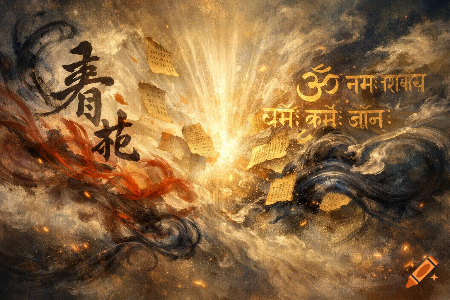 Dynamic fantasy illustration with black Chinese calligraphy and golden Sanskrit mantra on a background of swirling clouds, light, and floating ancient scrolls.