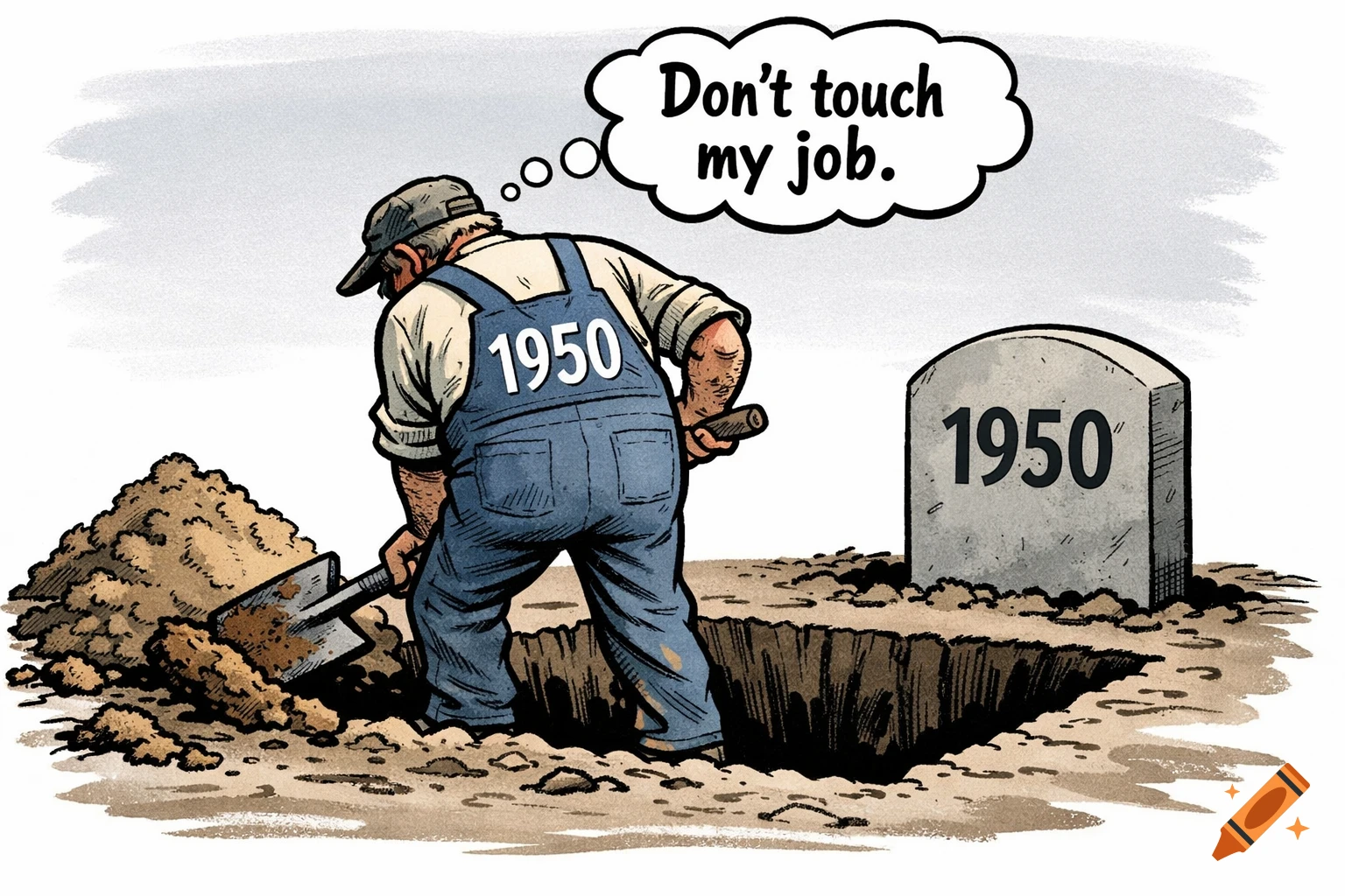 Cartoon of a man digging a grave, wearing '1950' overalls, next to a '1950' tombstone, thinking 'Don't touch my job'.