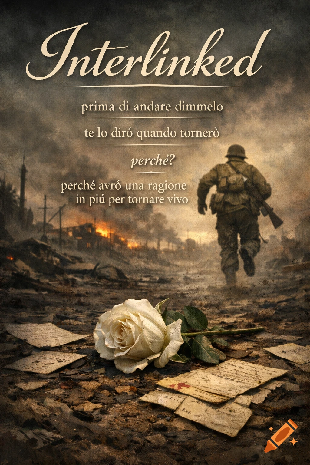 A dramatic image of a soldier running across a war-torn battlefield, with a white rose and old letters in the foreground.
