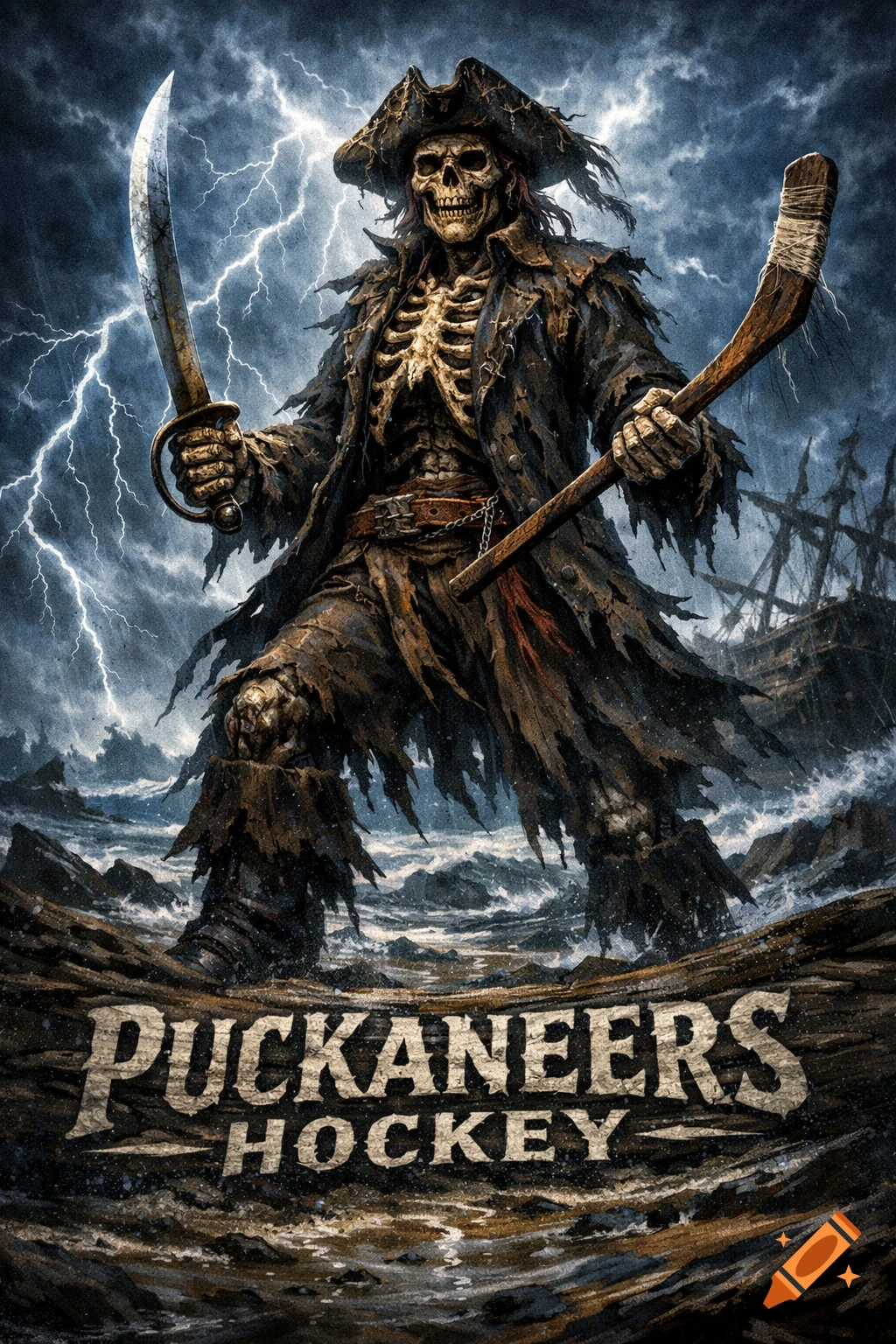 A skeletal pirate holding a sword and a hockey stick amidst a lightning storm and rough seas, with 'PUCKANEERS HOCKEY' text.