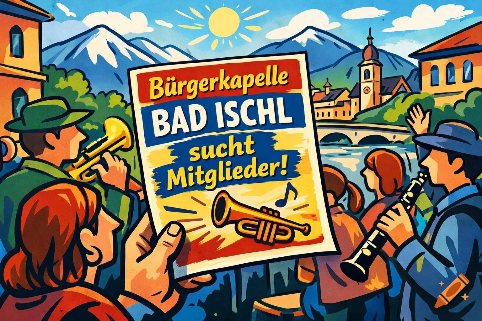 Comic art of people playing brass and woodwind instruments in a scenic town with mountains, holding a poster for 'Bürgerkapelle Bad Ischl'.