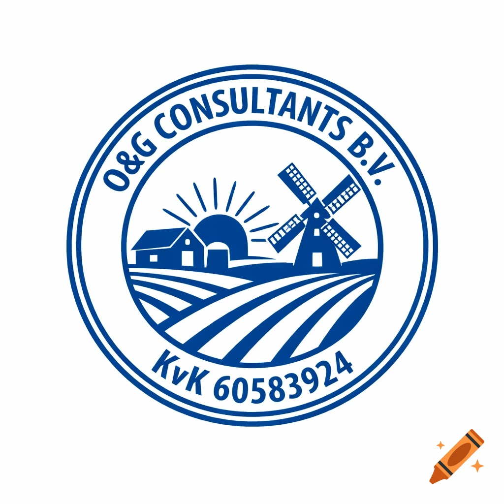 A circular blue and white logo depicting a Dutch rural scene with a windmill, farm, fields, and rising sun, with text 'O&G Consultants B.V.' and 'KvK 60583924'.
