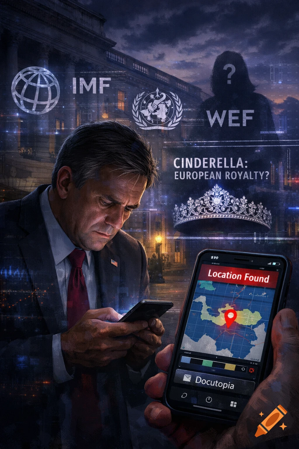 An illustrated man in a suit looks at a smartphone, while another hand holds a phone showing a map with a red pin. Various organizational logos, text, and a crown float in the background against a dark, cloudy sky and government building.
