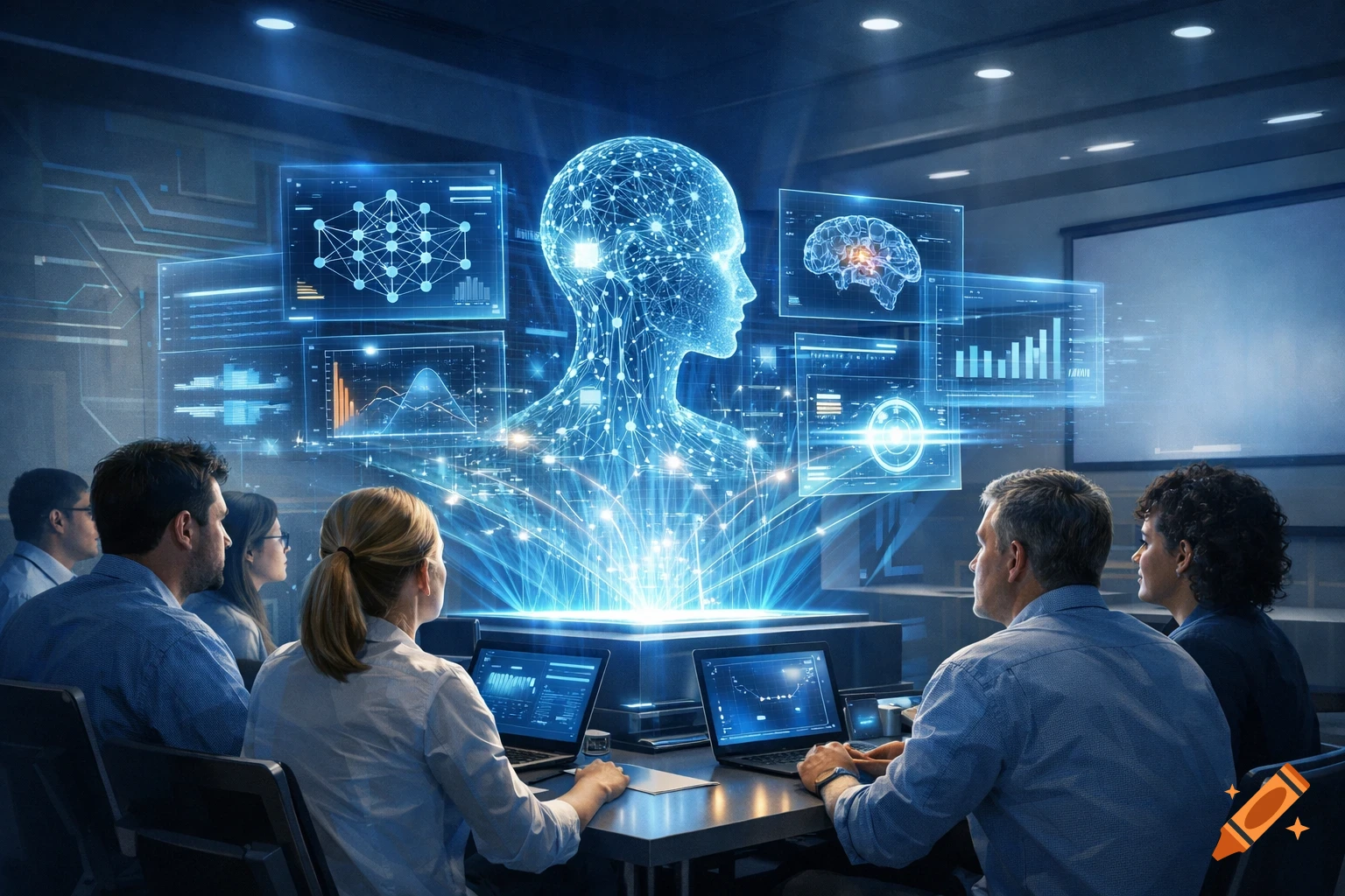 People in a meeting room observing a large holographic display of a human head made of interconnected nodes, surrounded by data charts and graphs.