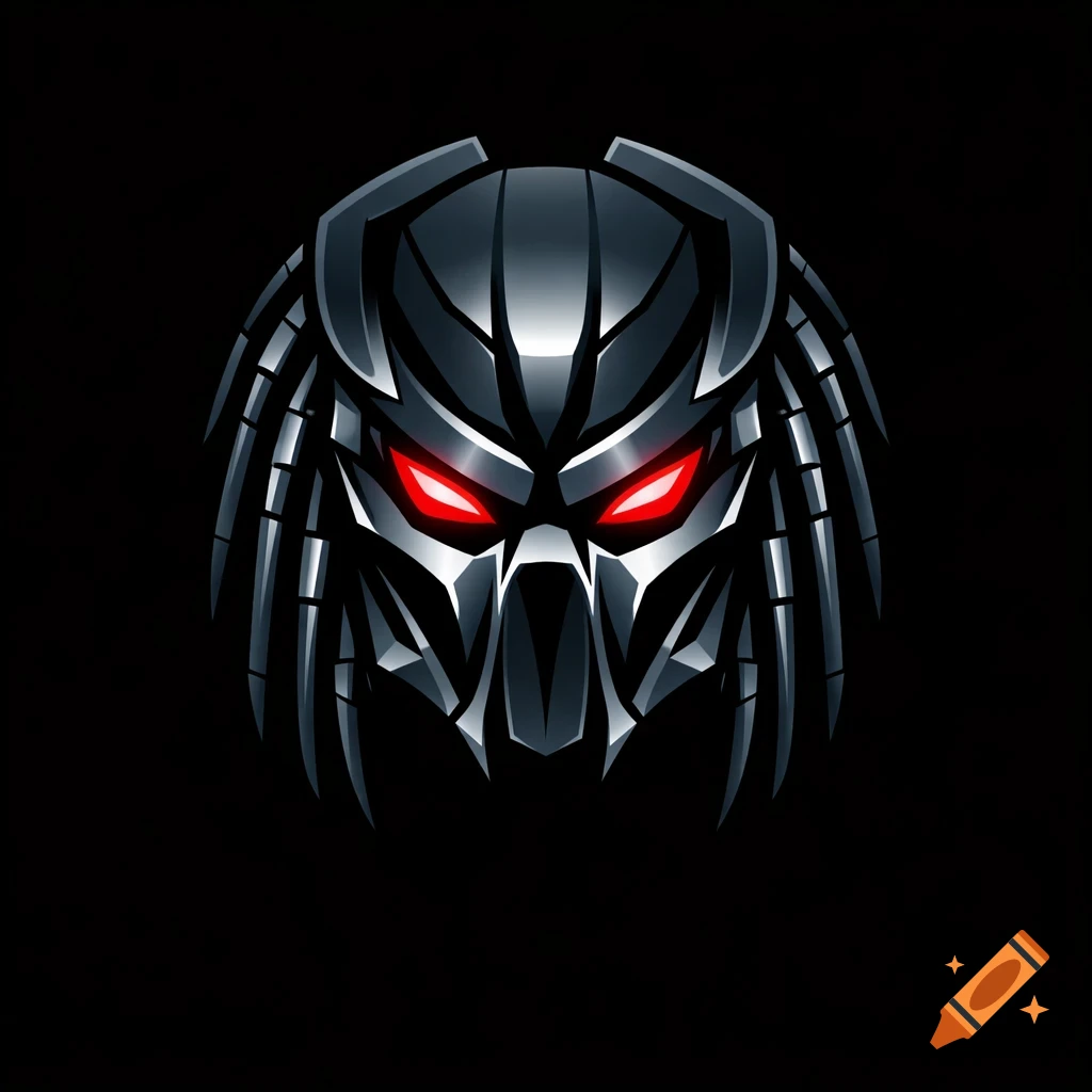 A stylized metallic black and silver Predator mask with glowing red eyes on a black background.