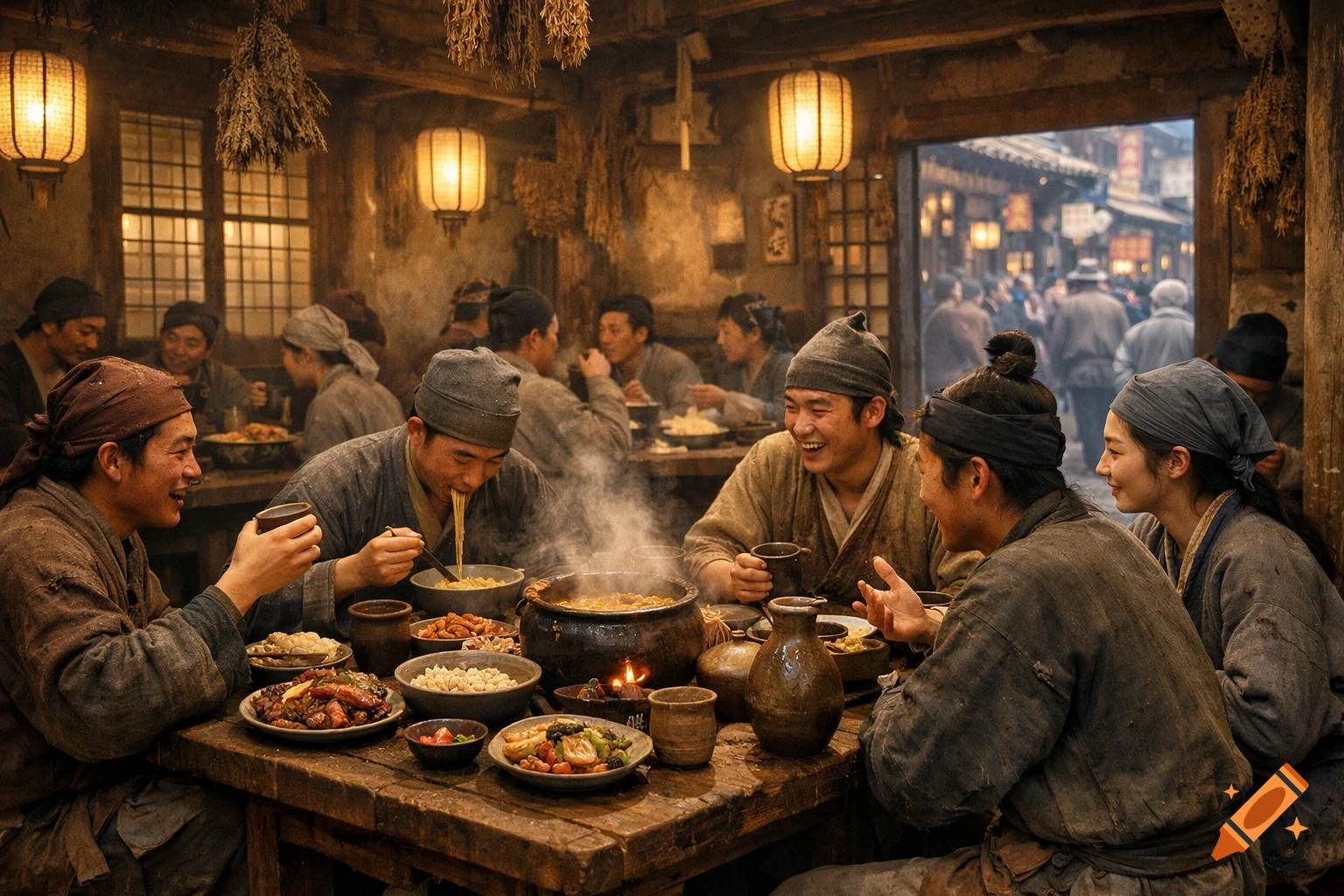 Photorealistic scene of people in ancient China dining and laughing in a rustic tavern, with steam rising from food.
