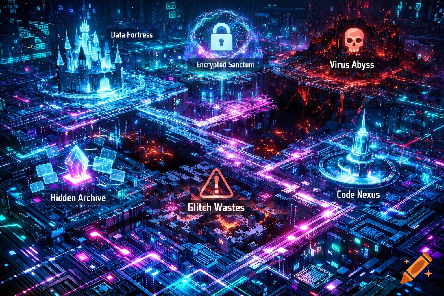A glowing, neon-lit cyberpunk cityscape map with labeled zones like Data Fortress, Virus Abyss, and Encrypted Sanctum.