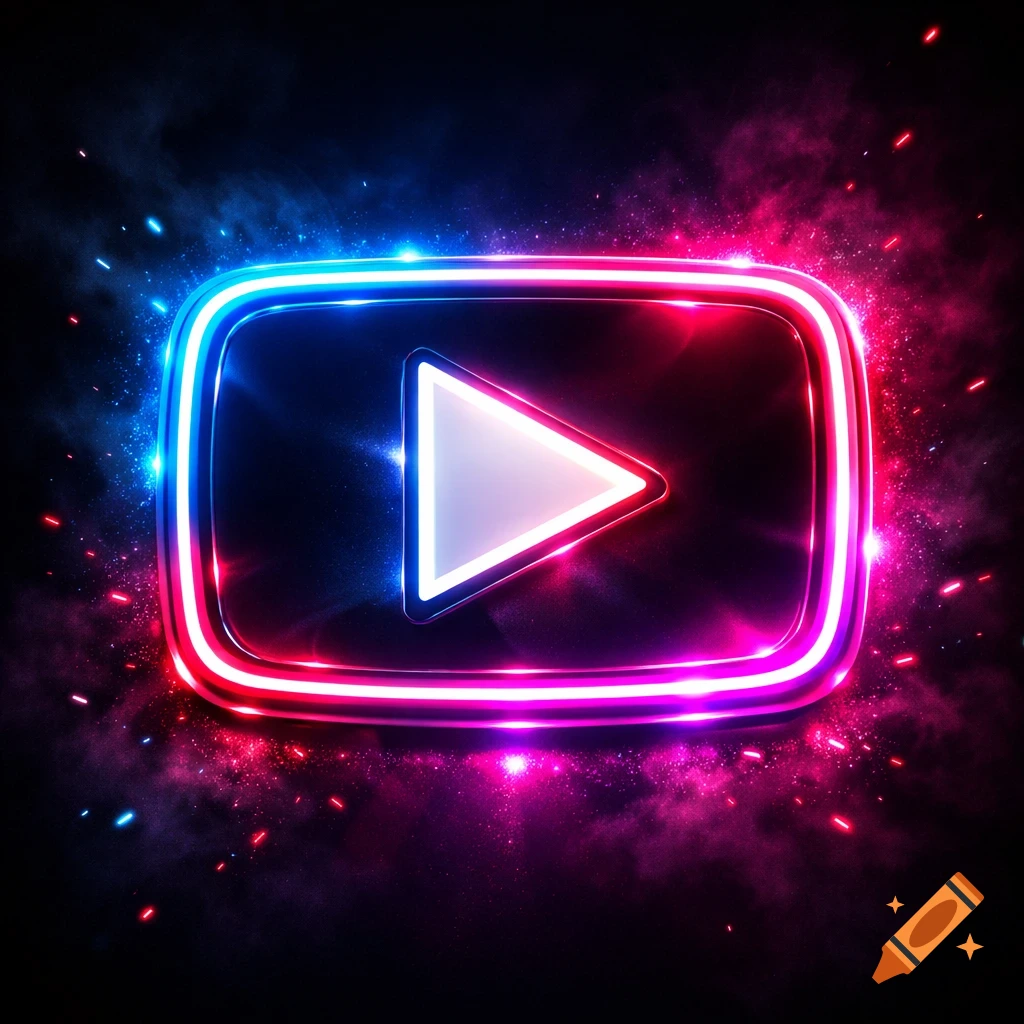 A vibrant neon YouTube play button logo glows with blue and pink light on a dark, smoky background.