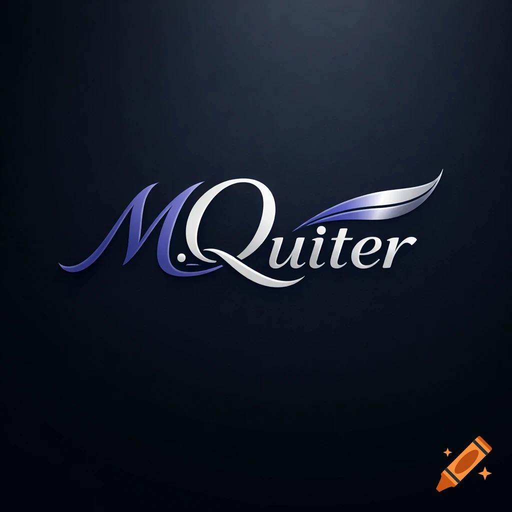 M.Quiter logo featuring stylized purple and silver metallic text with a feather accent on a dark background.