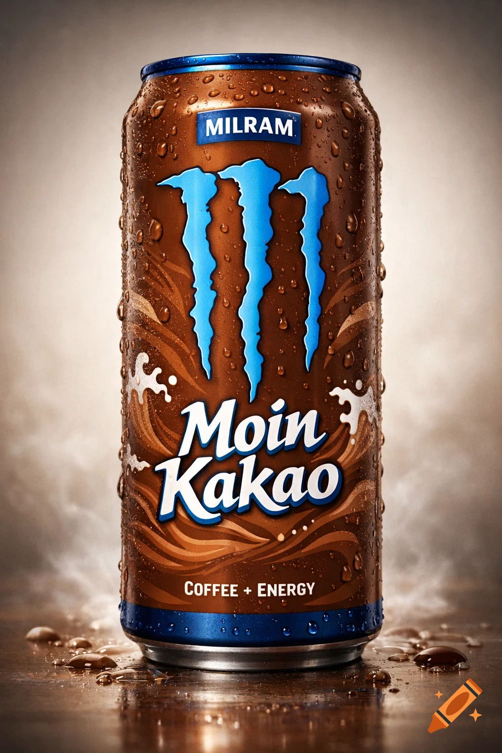 Photorealistic product shot of a brown Monster Energy can with a blue claw logo, 'Moin Kakao' text, and condensation.