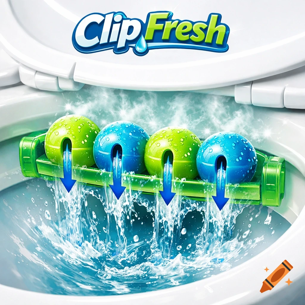 A vibrant product shot of a 'Clip Fresh' toilet bowl cleaner, showing four green and blue spherical blocks dispensing water into a toilet.