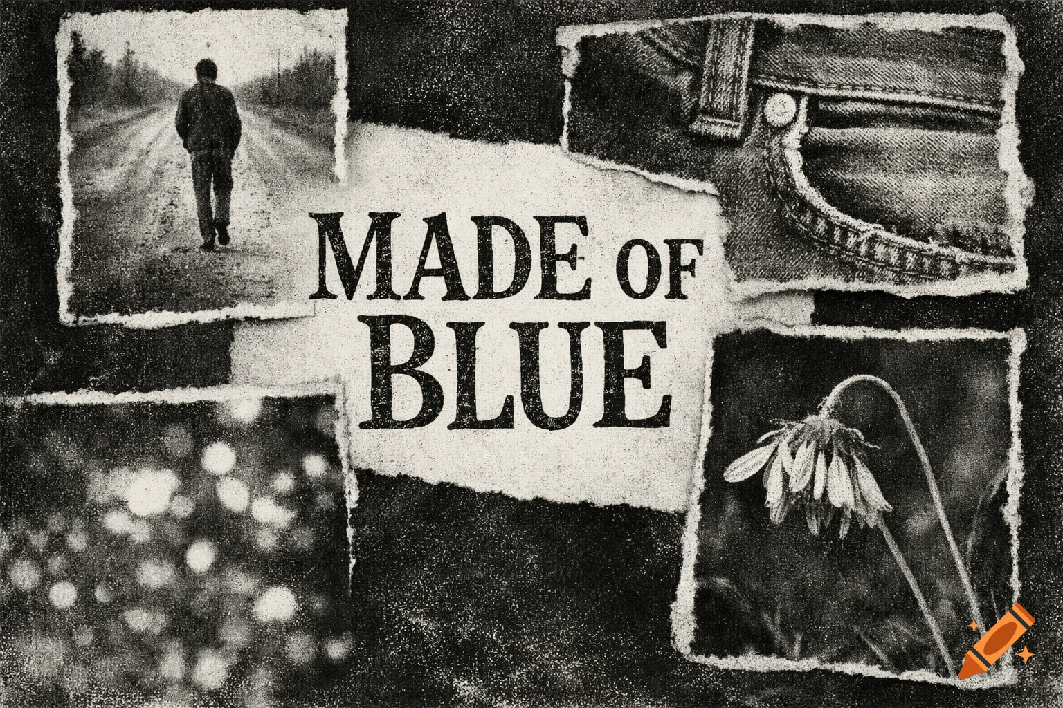 Black and white grainy collage with 'MADE OF BLUE' text, featuring a person walking, jeans pocket, wilted flower, and bokeh.
