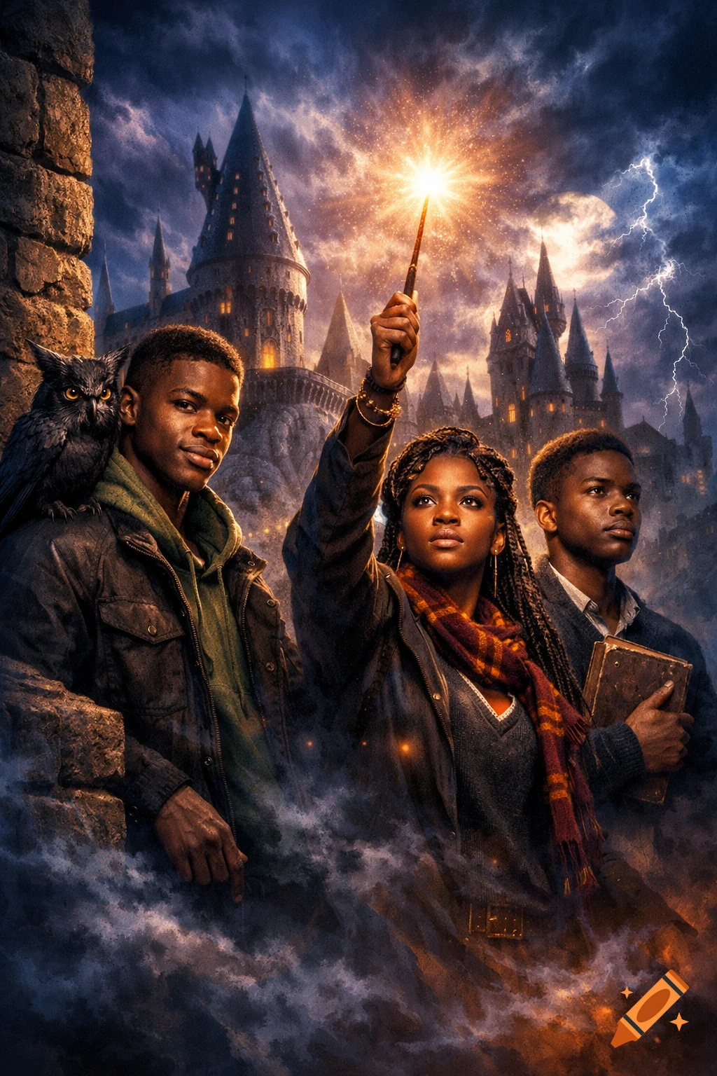 Three young Black magic users, one with a glowing wand, stand before a magical castle under a stormy sky with lightning.