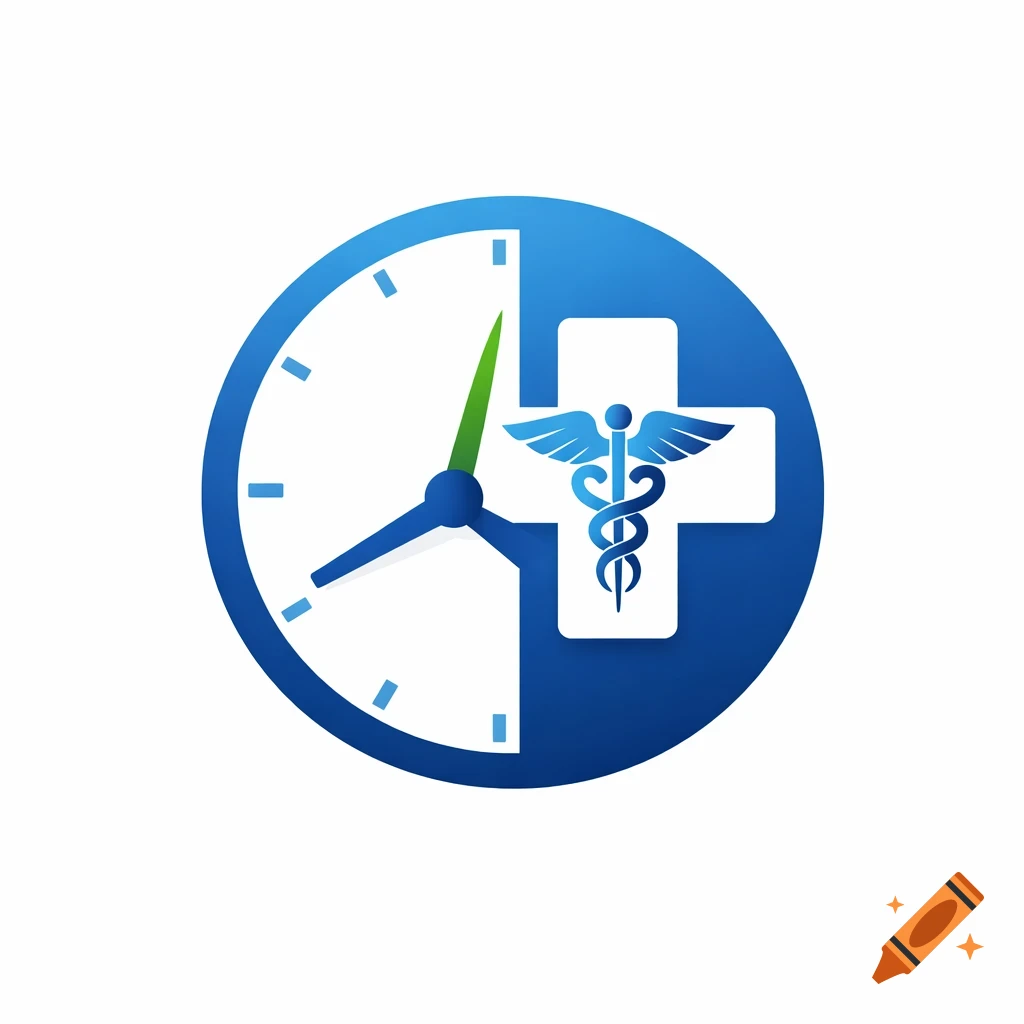 A blue circular logo combining a clock face with a green second hand and a medical cross featuring a blue Caduceus symbol.