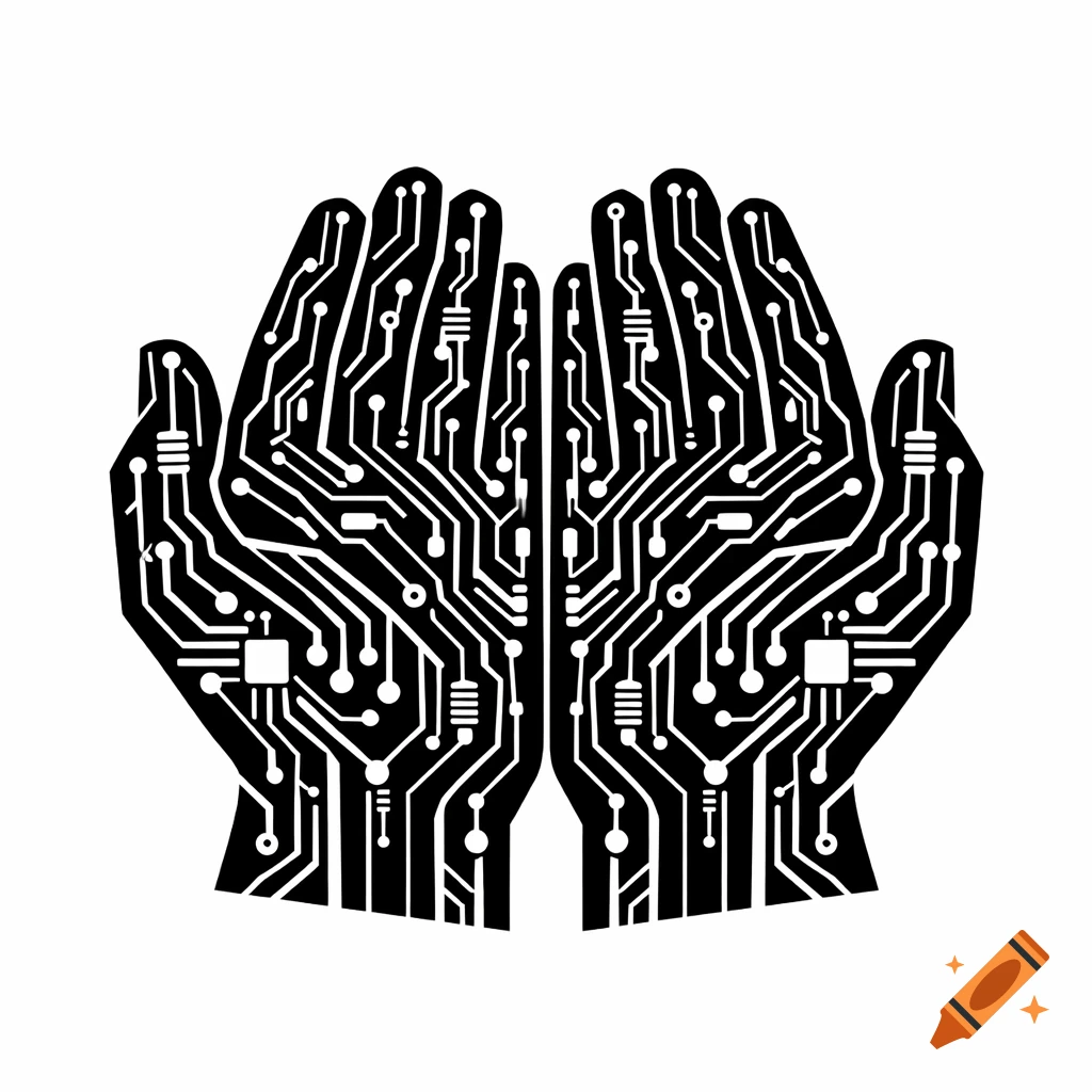 Two hands formed by black and white circuit board traces and components, cupped upwards.