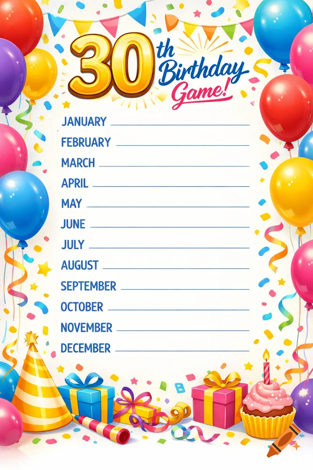 A colorful 30th Birthday Game chart with '30th Birthday Game!' at the top, listing all 12 months with blank lines, surrounded by balloons, confetti, gifts, and a party hat.