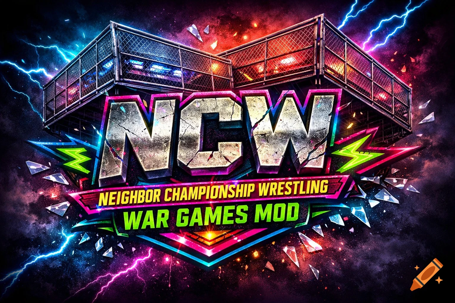 Retro wrestling logo for NCW Neighbor Championship Wrestling War Games Mod, with metal cages, lightning, and shattered glass.