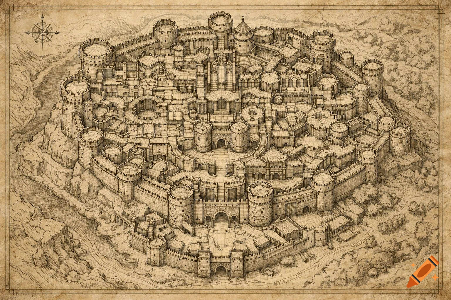 Detailed old map of a massive fantasy castle with concentric walls and many towers, on aged parchment.