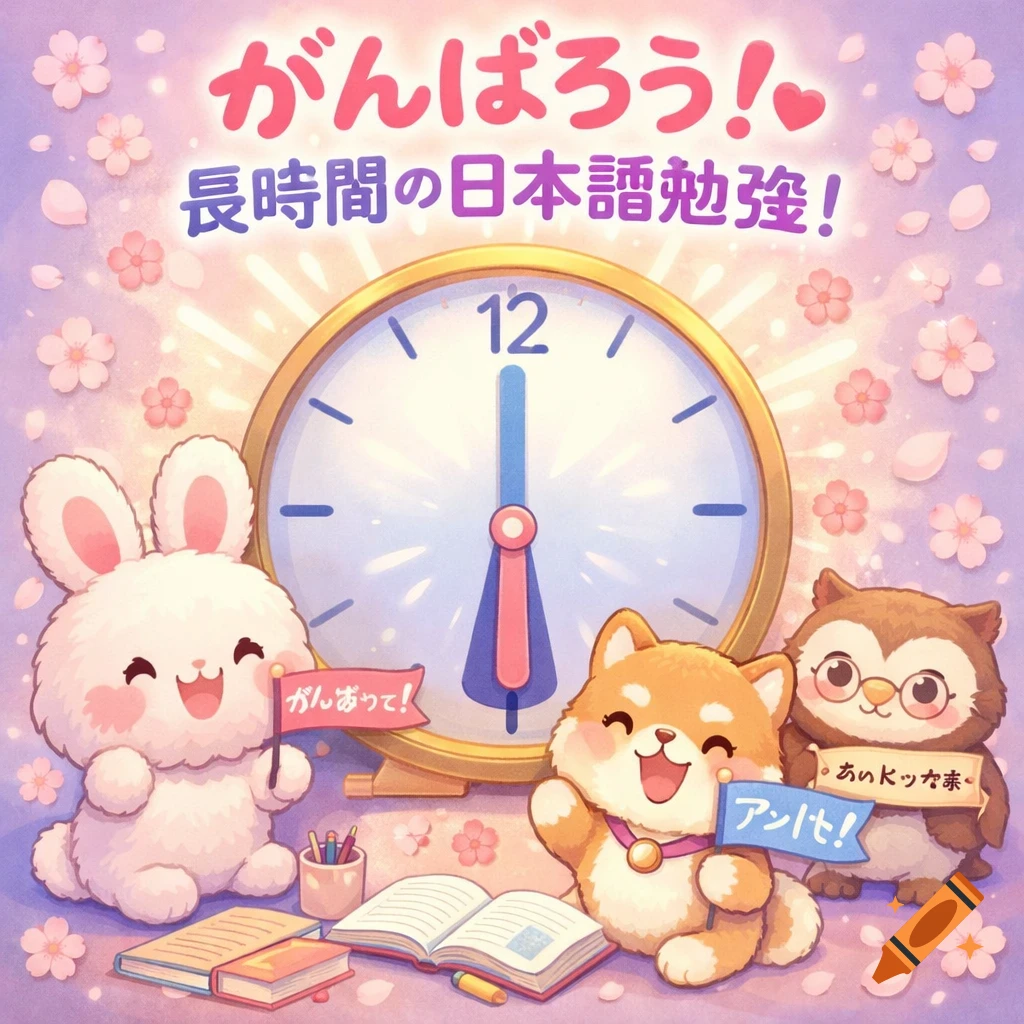 A pastel-colored motivational image with a happy white rabbit, a shiba inu, and an owl studying with books in front of a clock, surrounded by cherry blossoms.