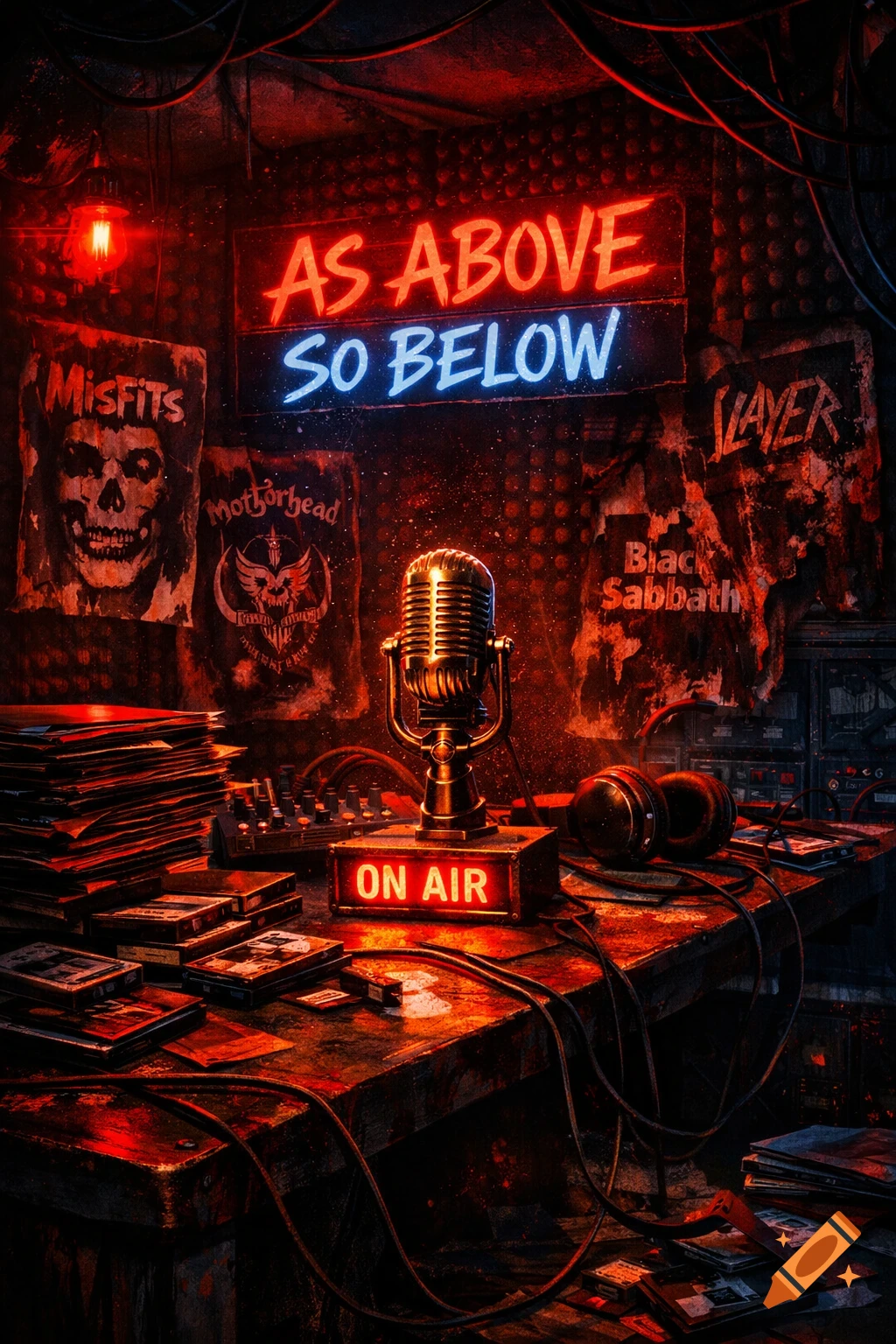 A dark, grunge-style radio studio with a vintage microphone and an "ON AIR" sign, bathed in red neon light from an "AS ABOVE SO BELOW" sign, surrounded by punk and metal band posters.