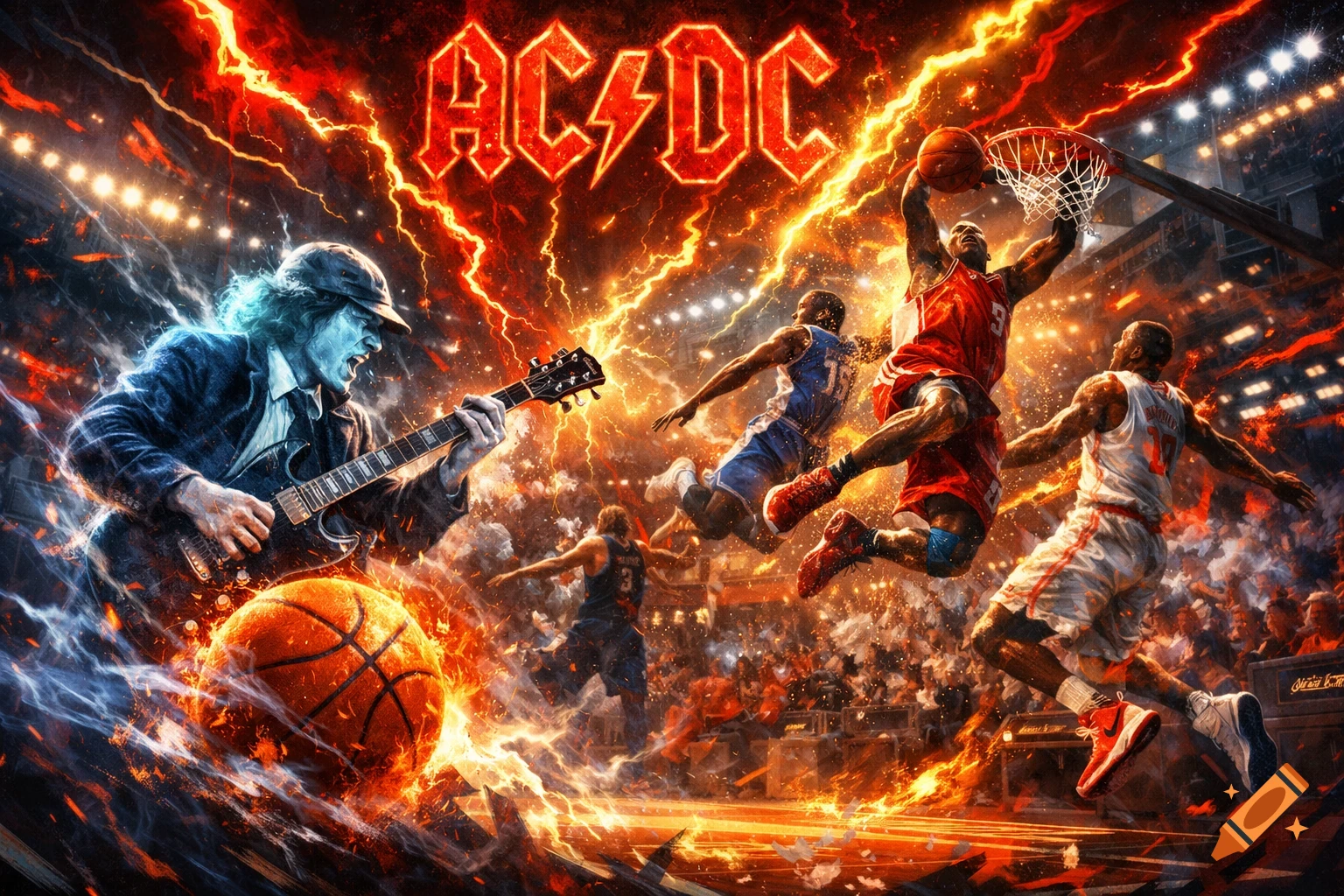 A rock guitarist with blue skin plays guitar as basketball players dunk on a fiery court, all surrounded by lightning and an AC/DC logo.
