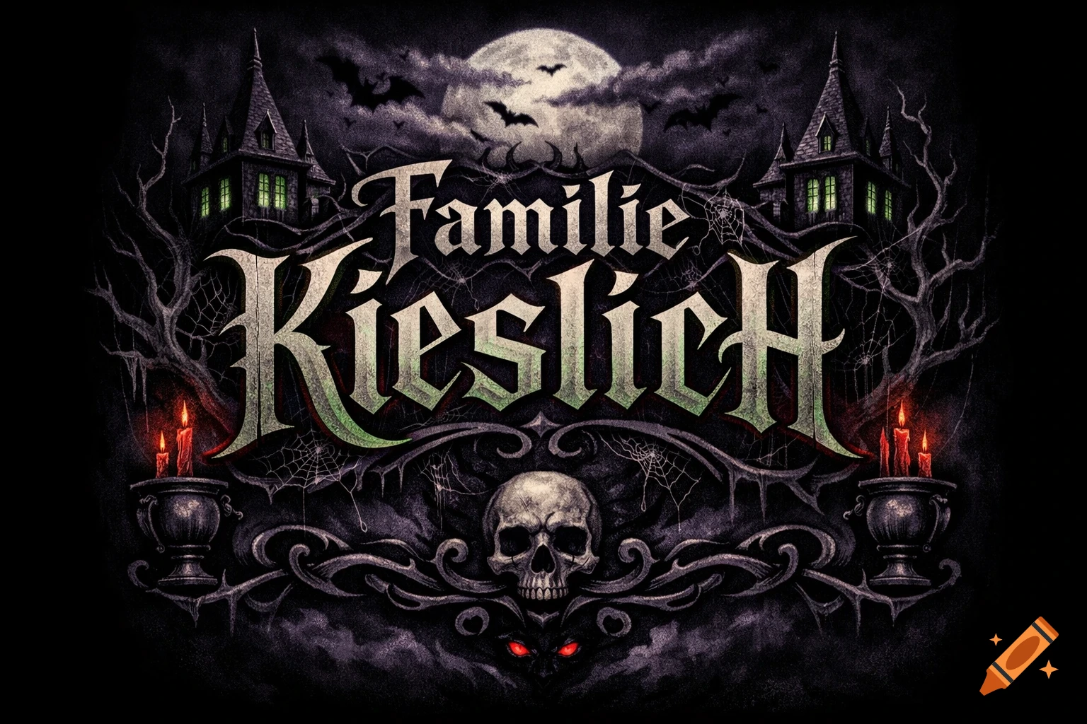 Gothic logo with 'Familie Kieslich' text, a skull with red eyes, haunted houses, bats, a full moon, and candles.