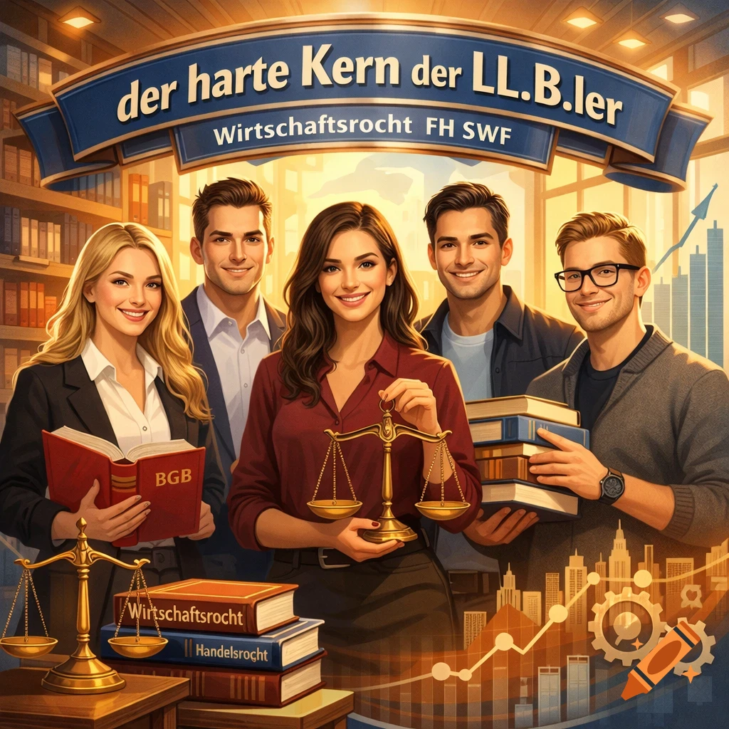 Five smiling law students, two women and three men, posing in a library setting with books and scales of justice, under a banner with text.