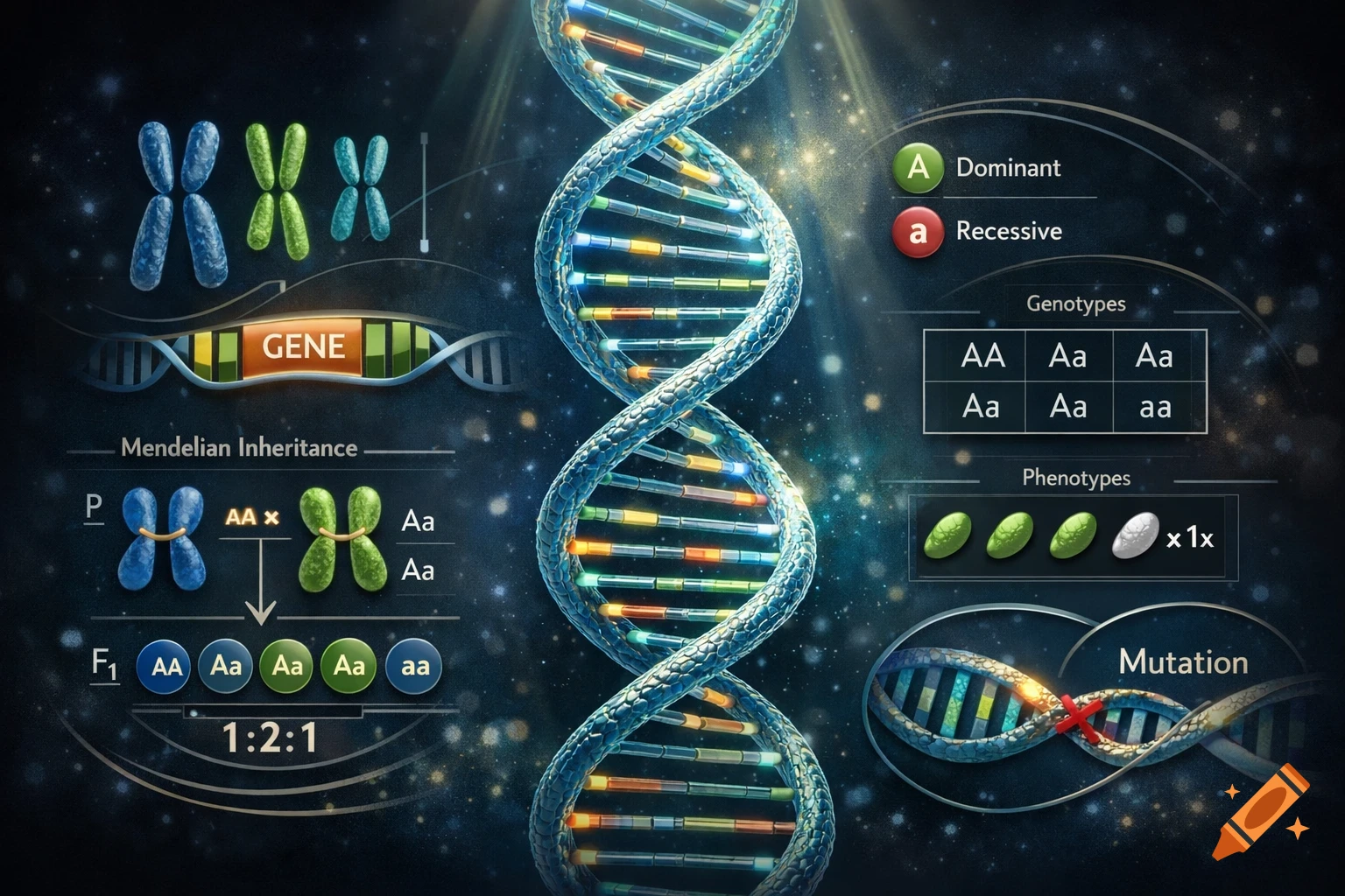 A detailed scientific diagram illustrating basic genetics concepts, including DNA structure, chromosomes, Mendelian inheritance with genotypes and phenotypes, and a DNA mutation.