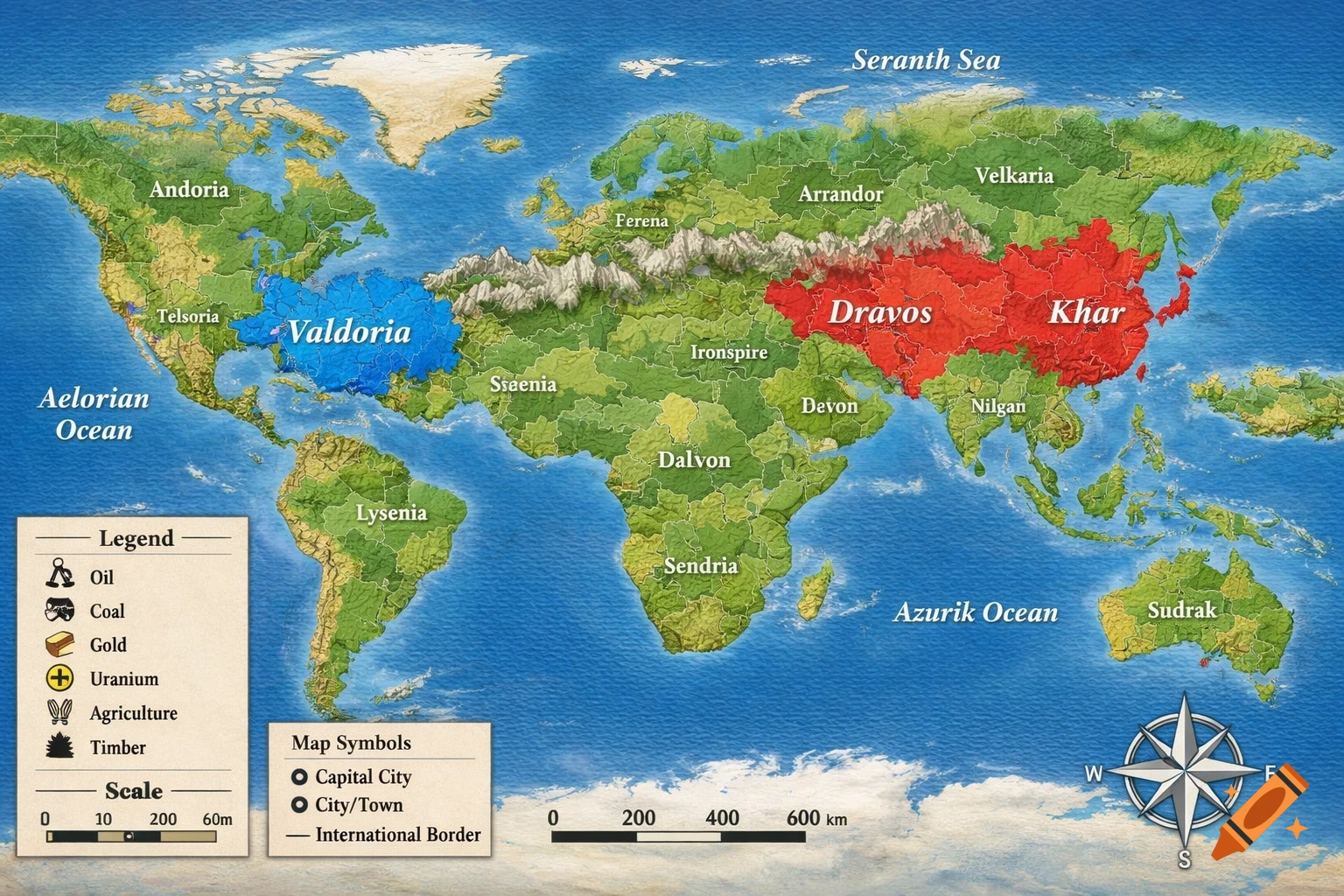 A detailed fictional political world map with continents, oceans, and countries, including a legend, scale, and compass rose. Valdoria is blue, Dravos and Khar are red.