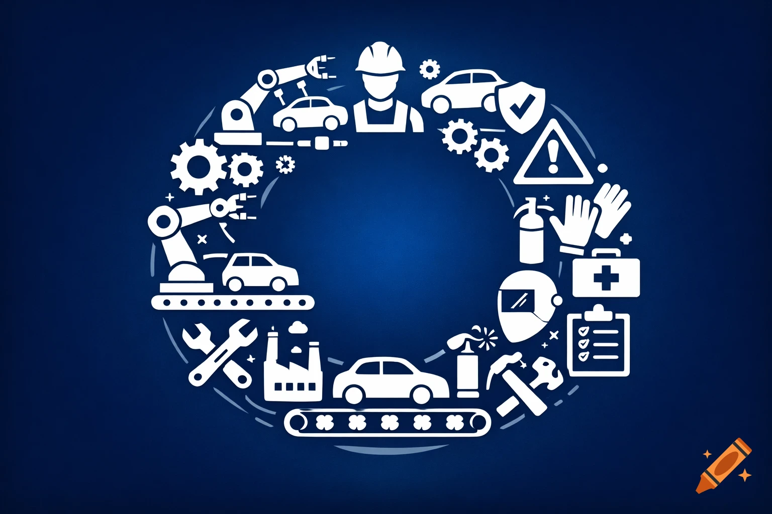 White industrial and automotive safety icons arranged in a circle on a dark blue background.