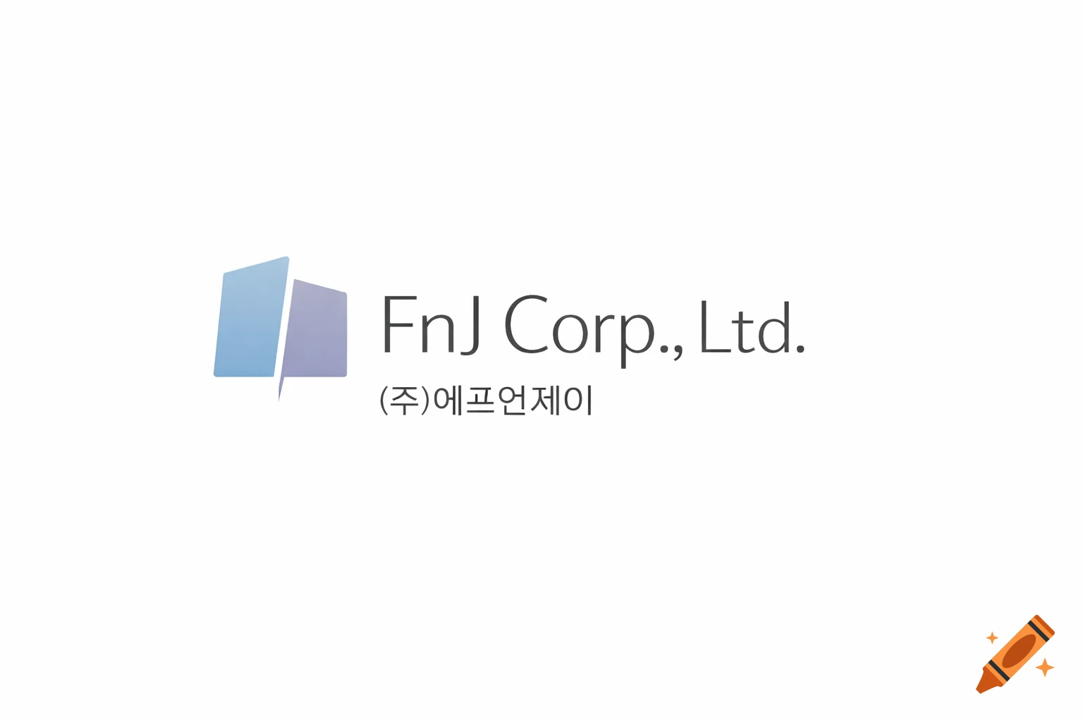 A modern minimalist logo with abstract blue and lavender gray blocks and text "FnJ Corp., Ltd." and Korean characters.
