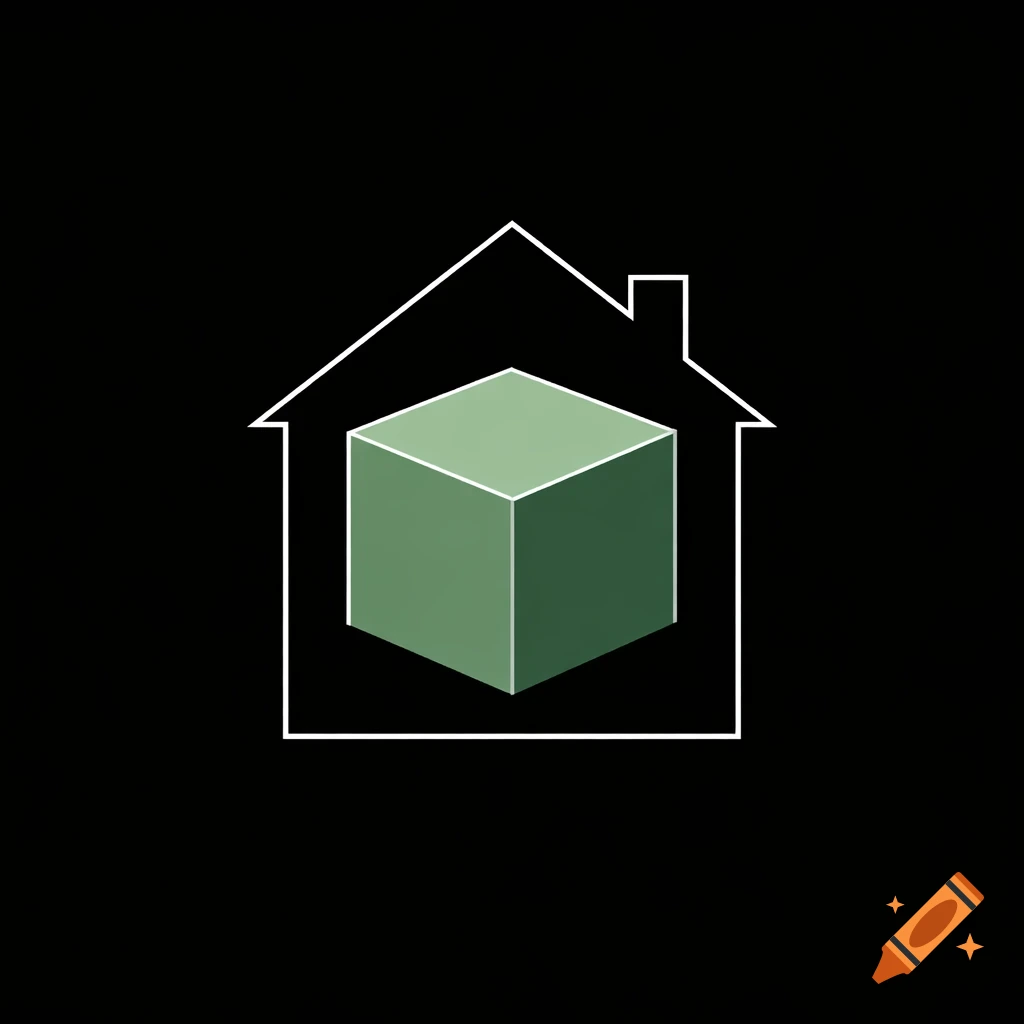 A white wireframe outline of a house contains a sage green cube on a solid black background, in a minimalist style.