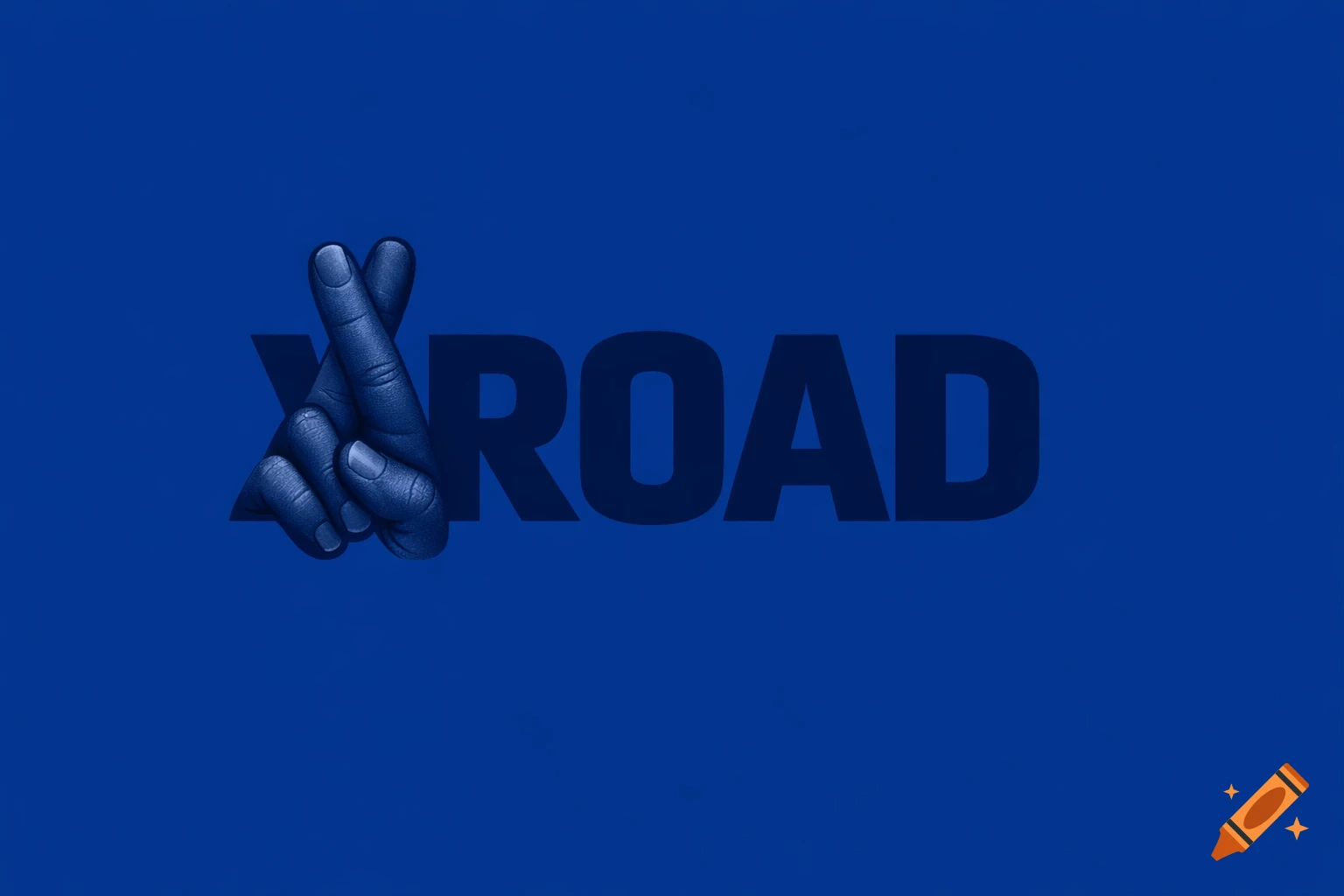 The word ROAD with a hand making a crossed fingers gesture replacing the 'X' on a blue background.