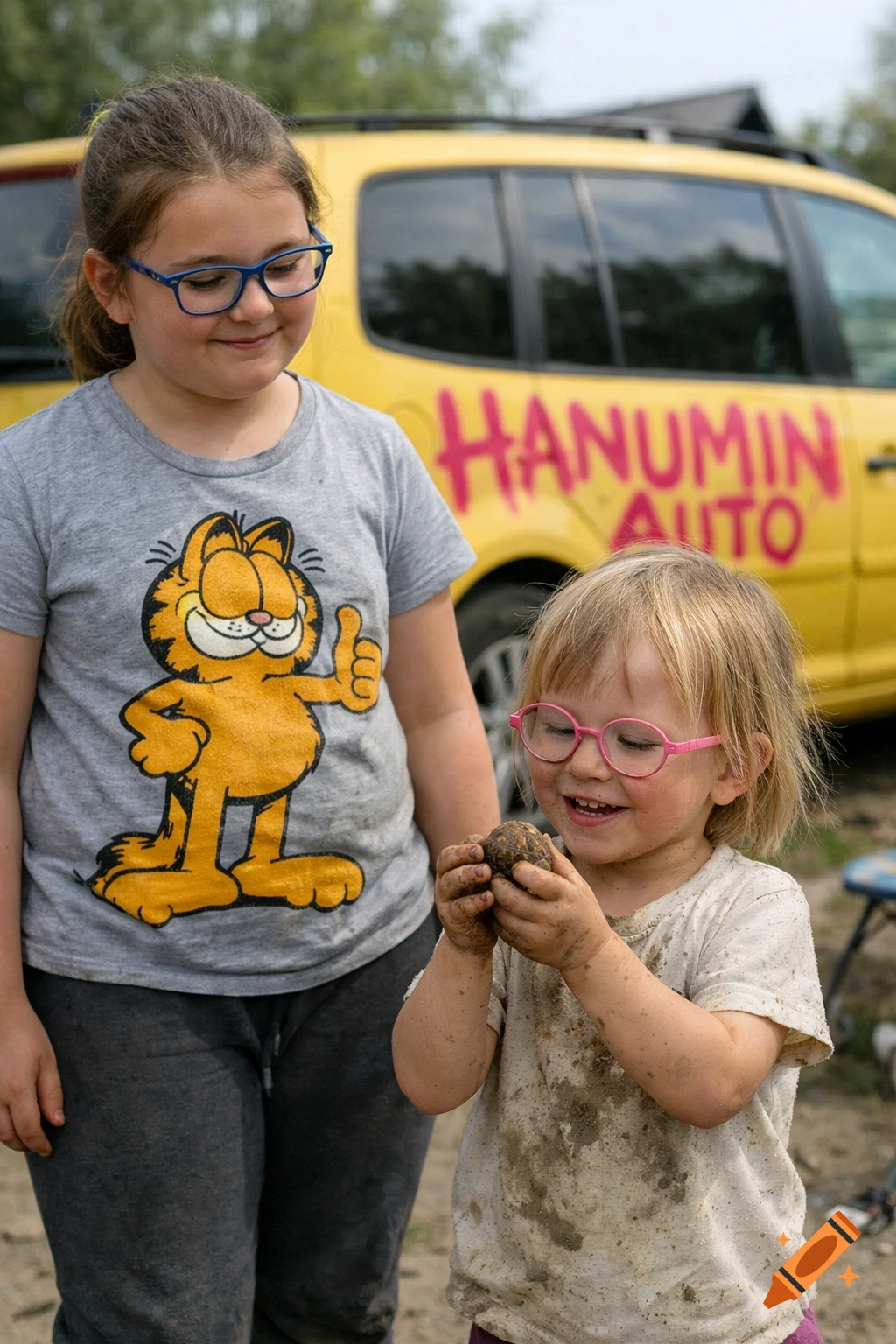 An older girl in a Garfield shirt watches a younger girl in pink glasses happily holding a dirty walnut outdoors.