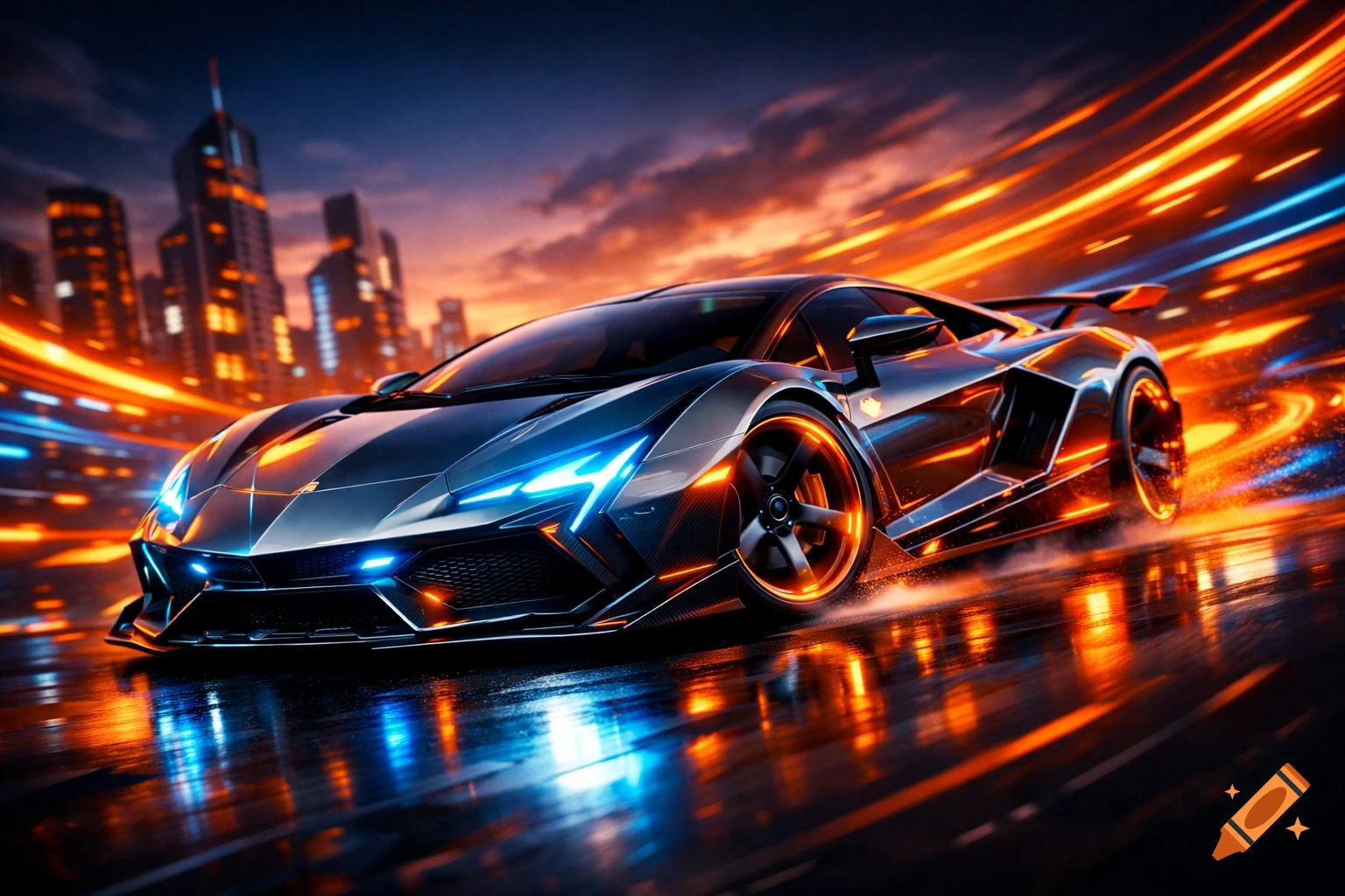 A futuristic silver sports car with glowing blue and orange lights races on a wet road, leaving vibrant trails against a dark city skyline.