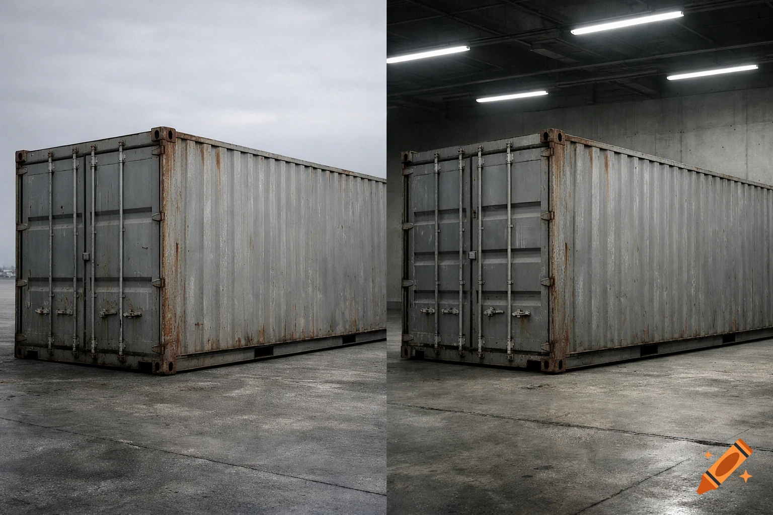 A split image shows two grey, rusted shipping containers. The left container is outdoors, the right indoors.