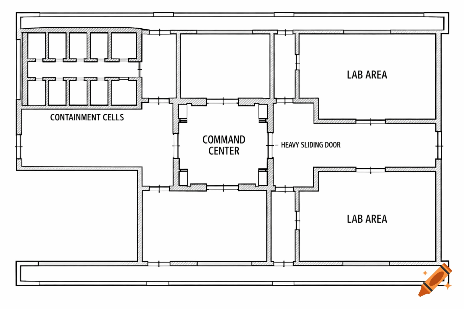 A top-down architectural blueprint of a high-security research facility with containment cells, lab areas, and a command center, in a black and white CAD style.