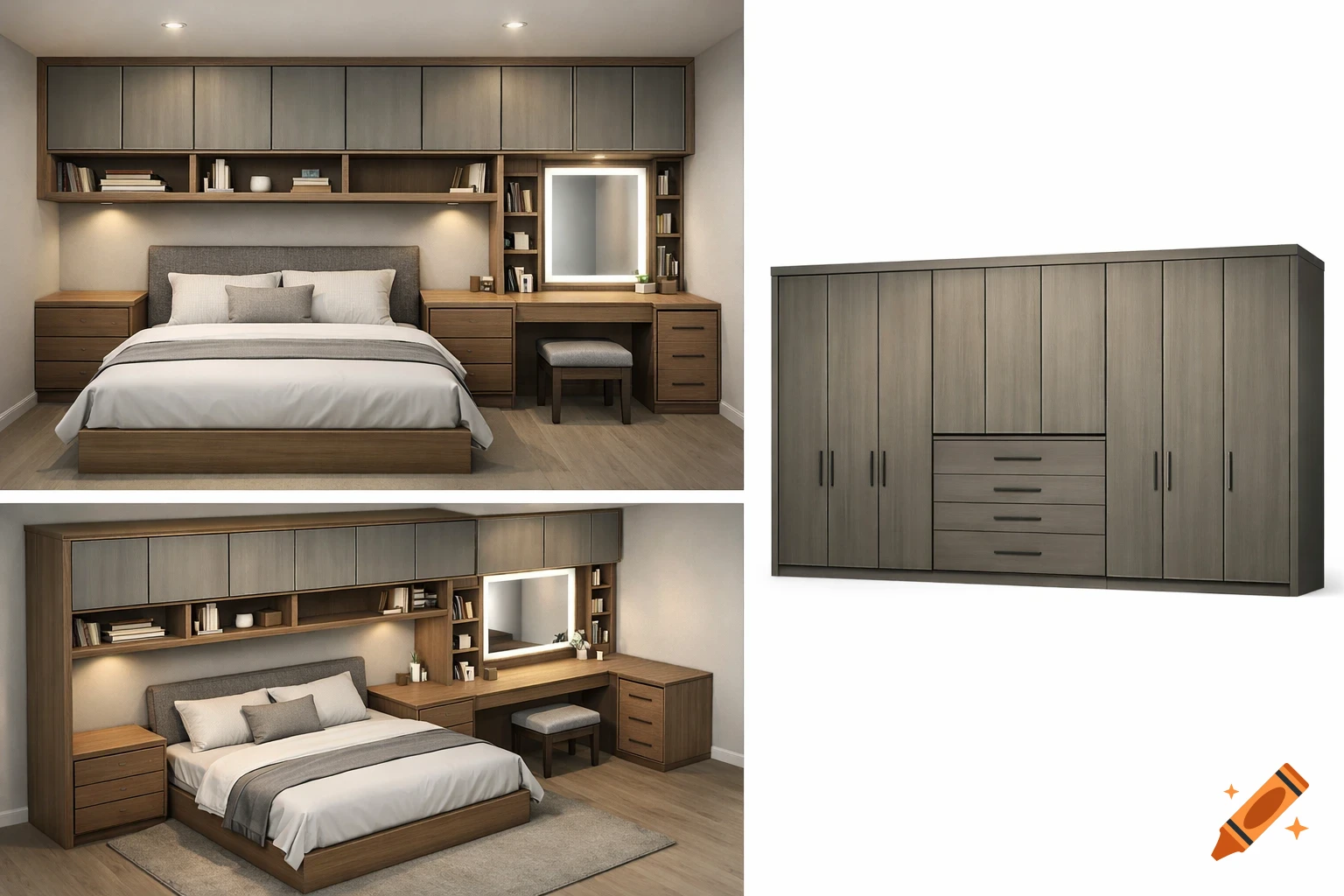 A modern bedroom with an integrated bed and storage unit, vanity table, and a separate tall wardrobe.
