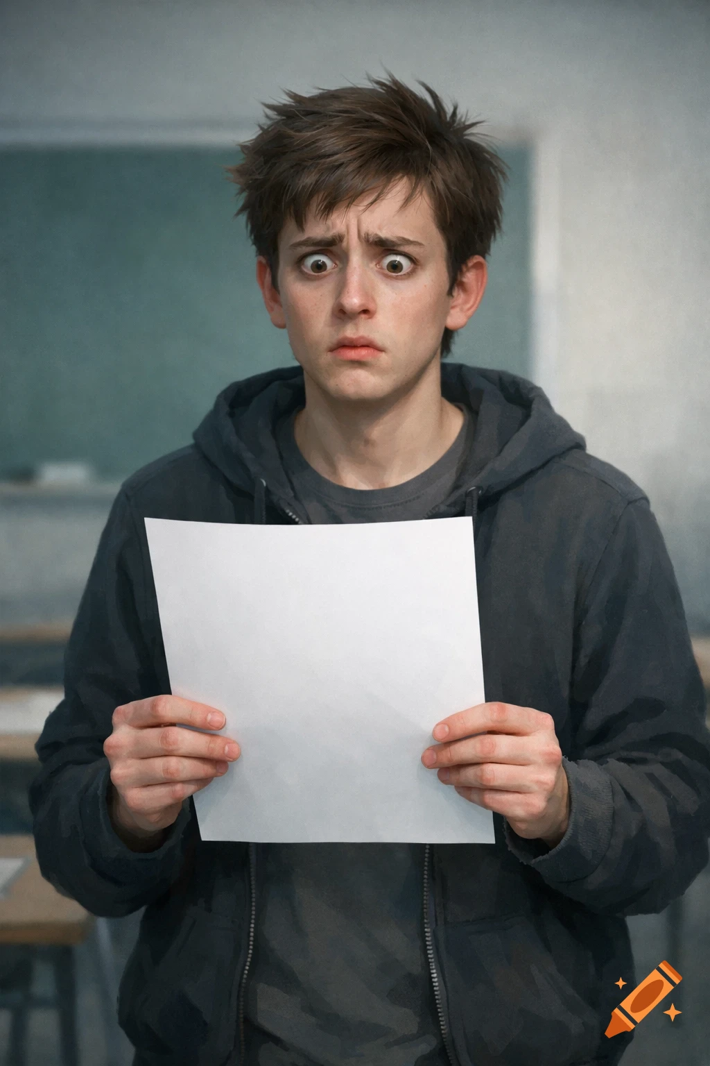 A shocked young man in a classroom holds a blank piece of paper.