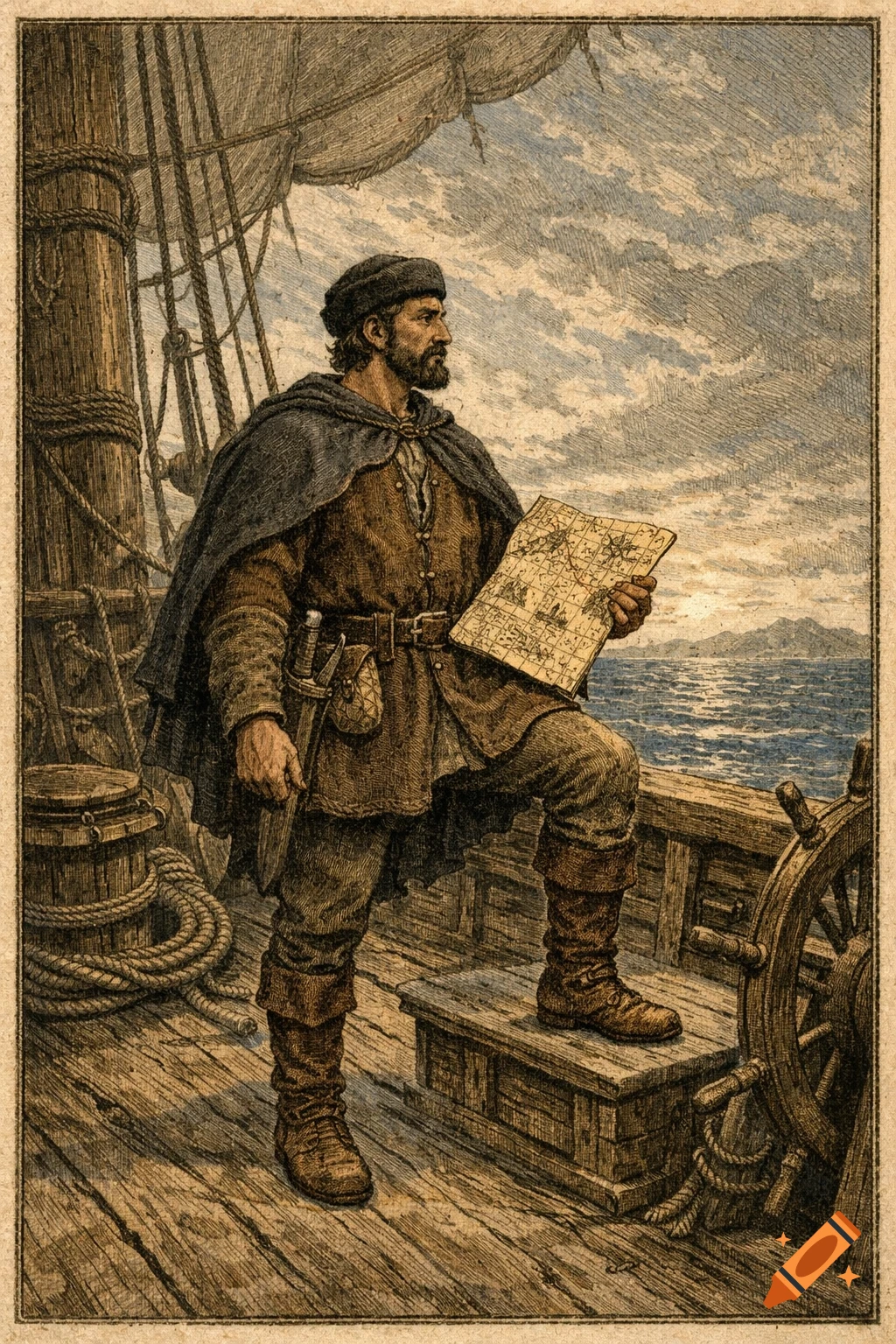 A historical illustration of a bearded 14th-century explorer on a wooden sailing ship, holding a map and gazing at the sea.