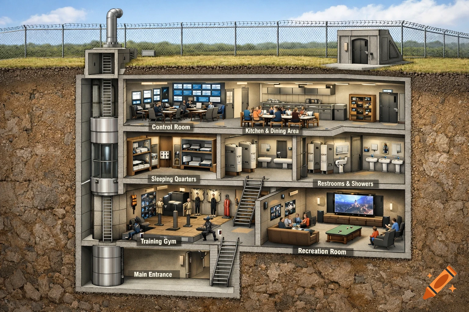 Detailed cutaway illustration of a multi-level underground survival bunker with a control room, sleeping quarters, gym, and recreation room.