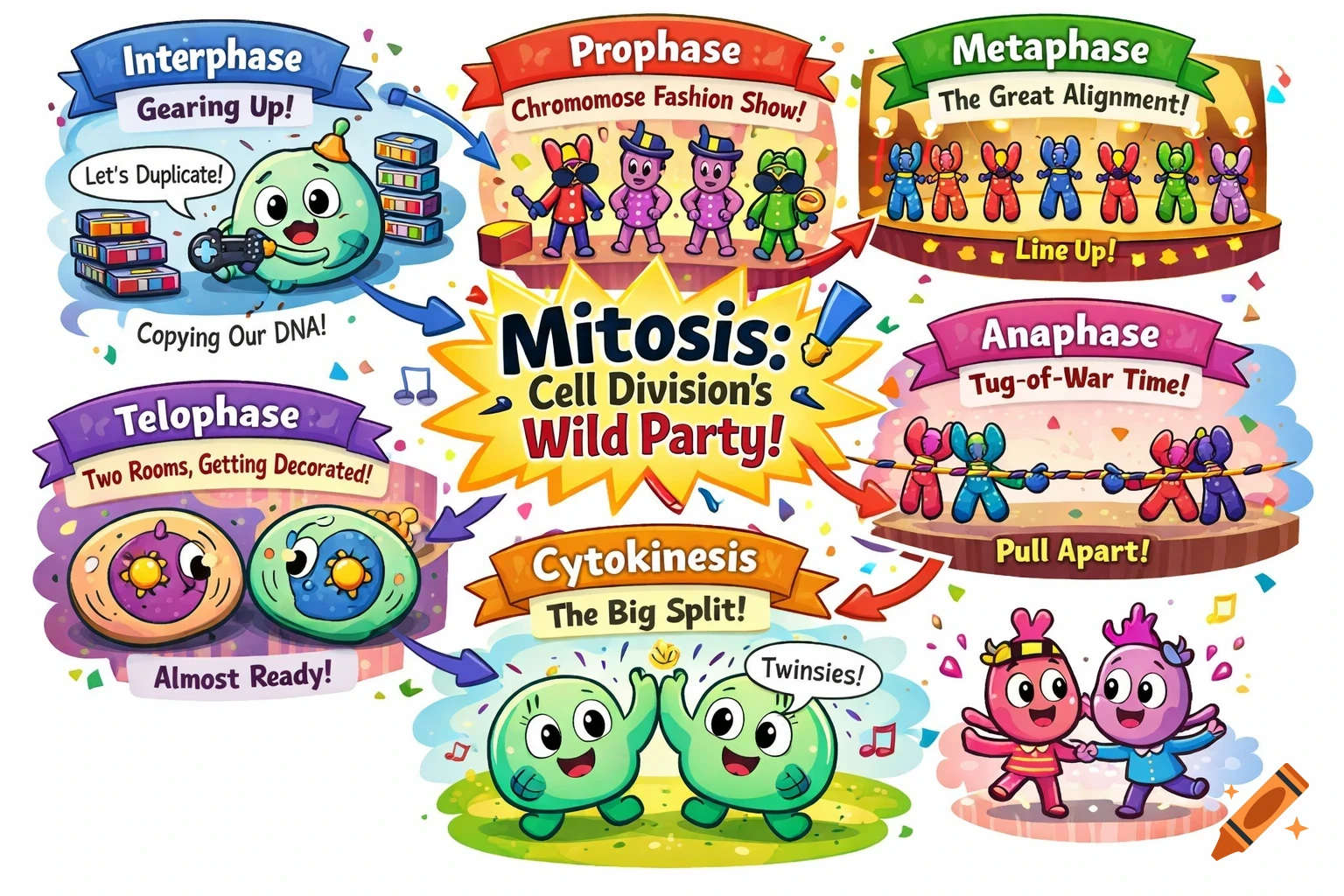 A colorful, humorous mind map illustrating the stages of mitosis with cute, animated cell characters representing Interphase, Prophase, Metaphase, Anaphase, Telophase, and Cytokinesis.