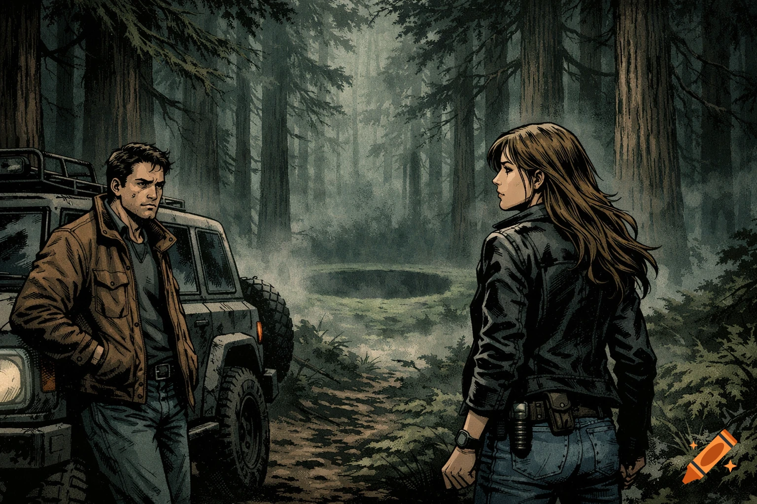 A man leans on a jeep while a woman looks into a foggy forest with a mysterious hole, comic book style.